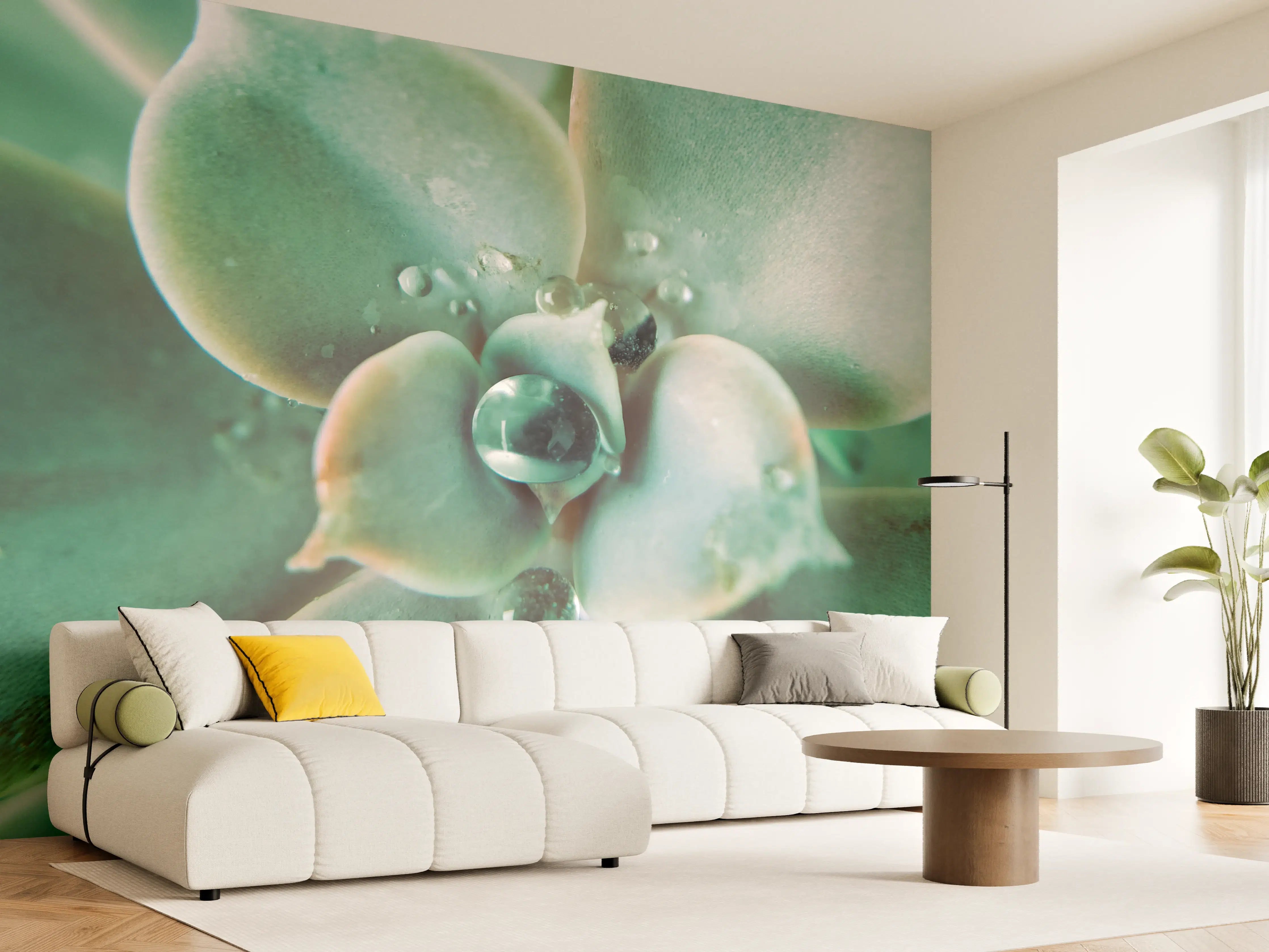 Wandverkleidung Wohnzimmer - Atemberaubende Sukkulente mit Wassertropfen