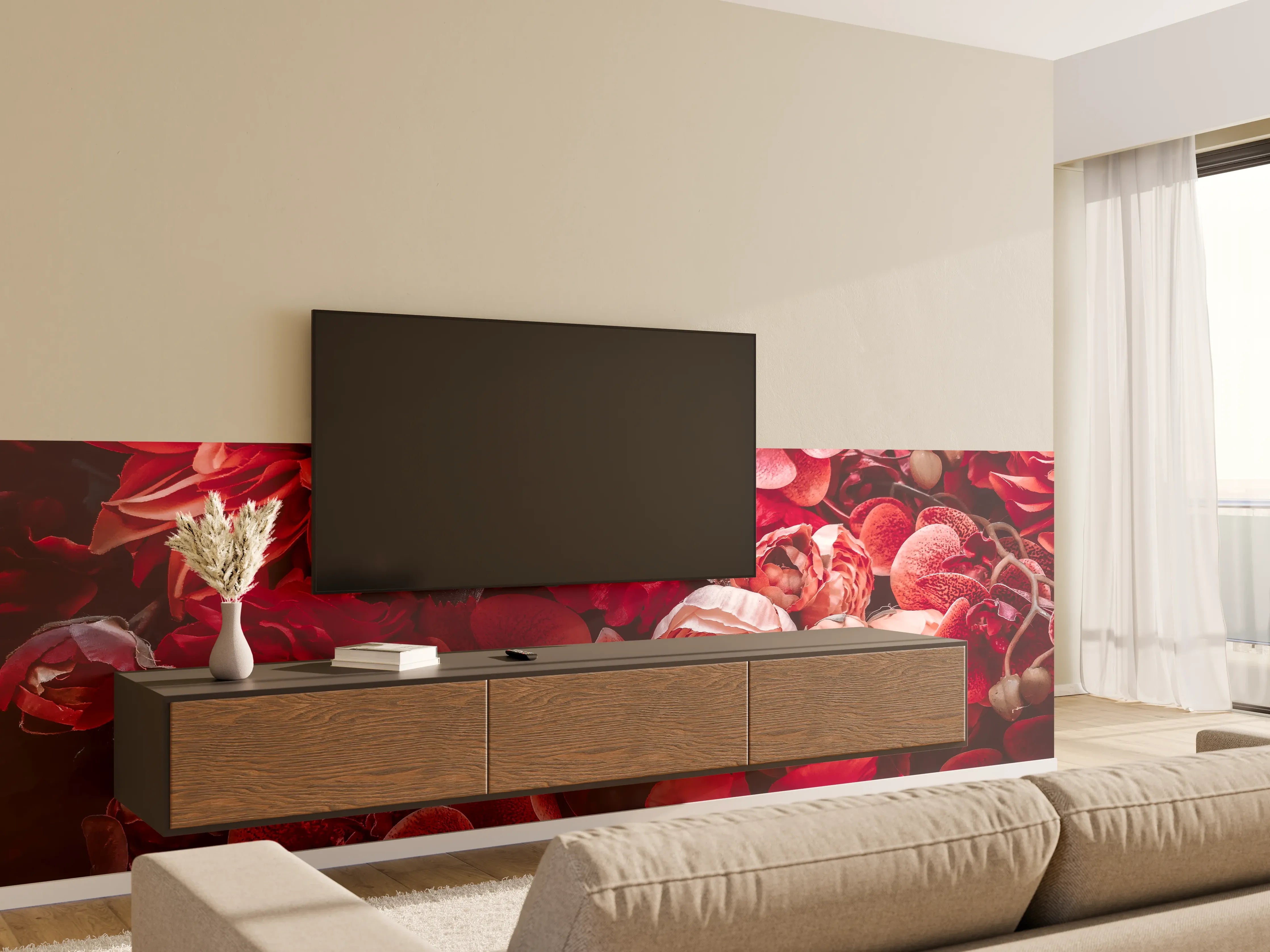 Wandverkleidung Wohnzimmer - Atemberaubende rote Blumenpracht