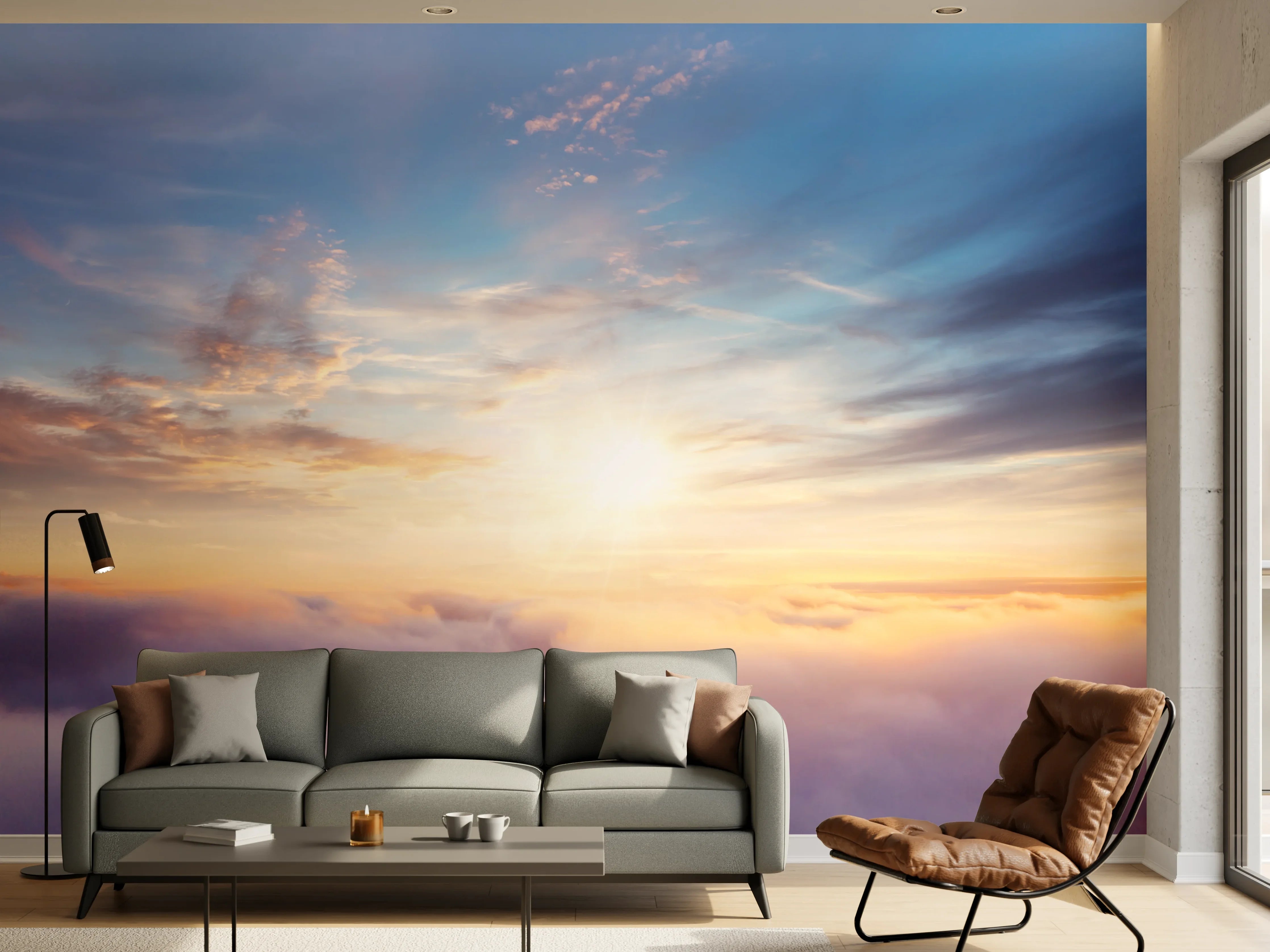 Wandverkleidung Wohnzimmer - Atemberaubender Sonnenaufgang über den Wolken