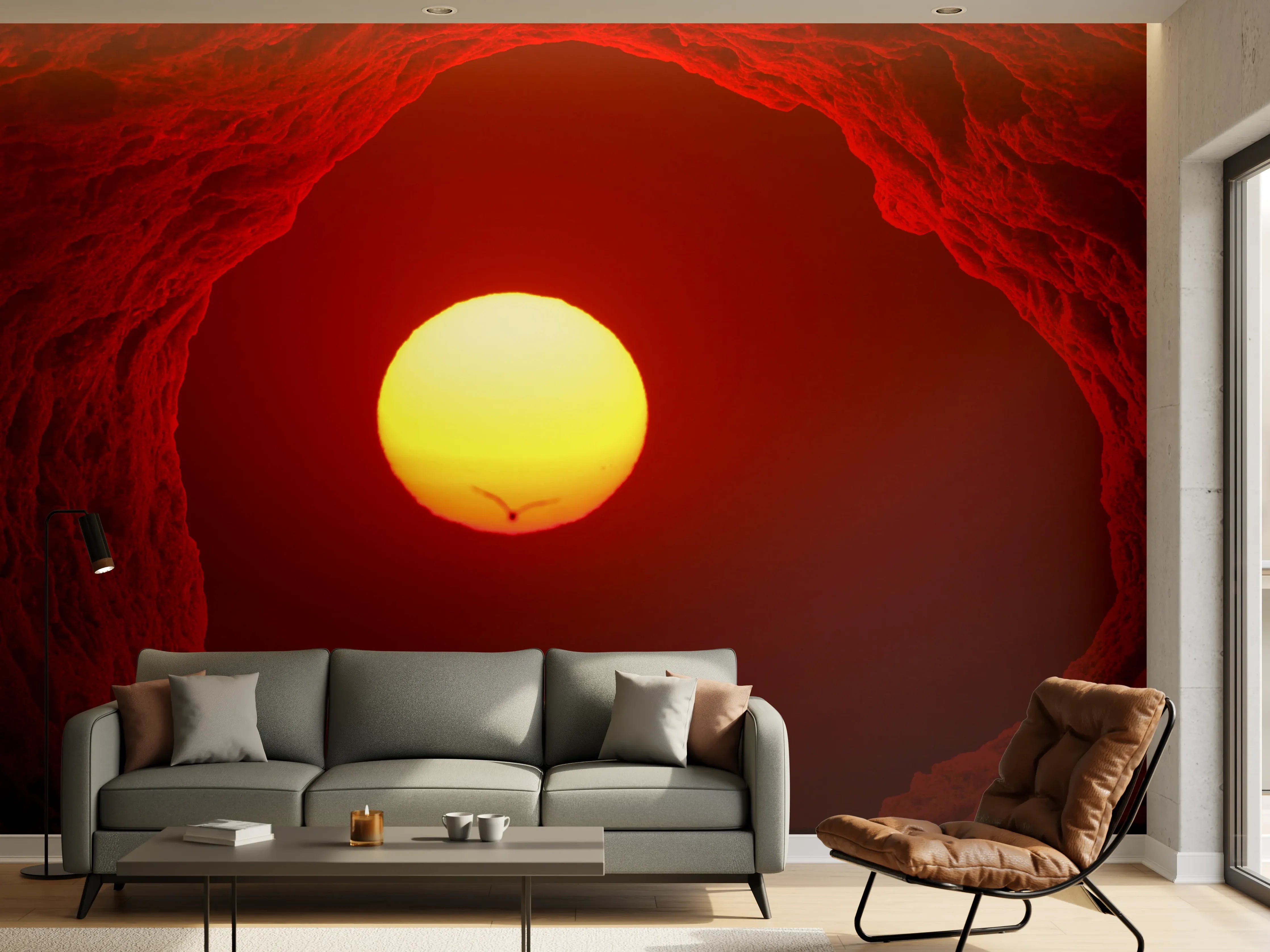 Wandverkleidung Wohnzimmer - Atemberaubender Sonnenuntergang in einer roten Höhle
