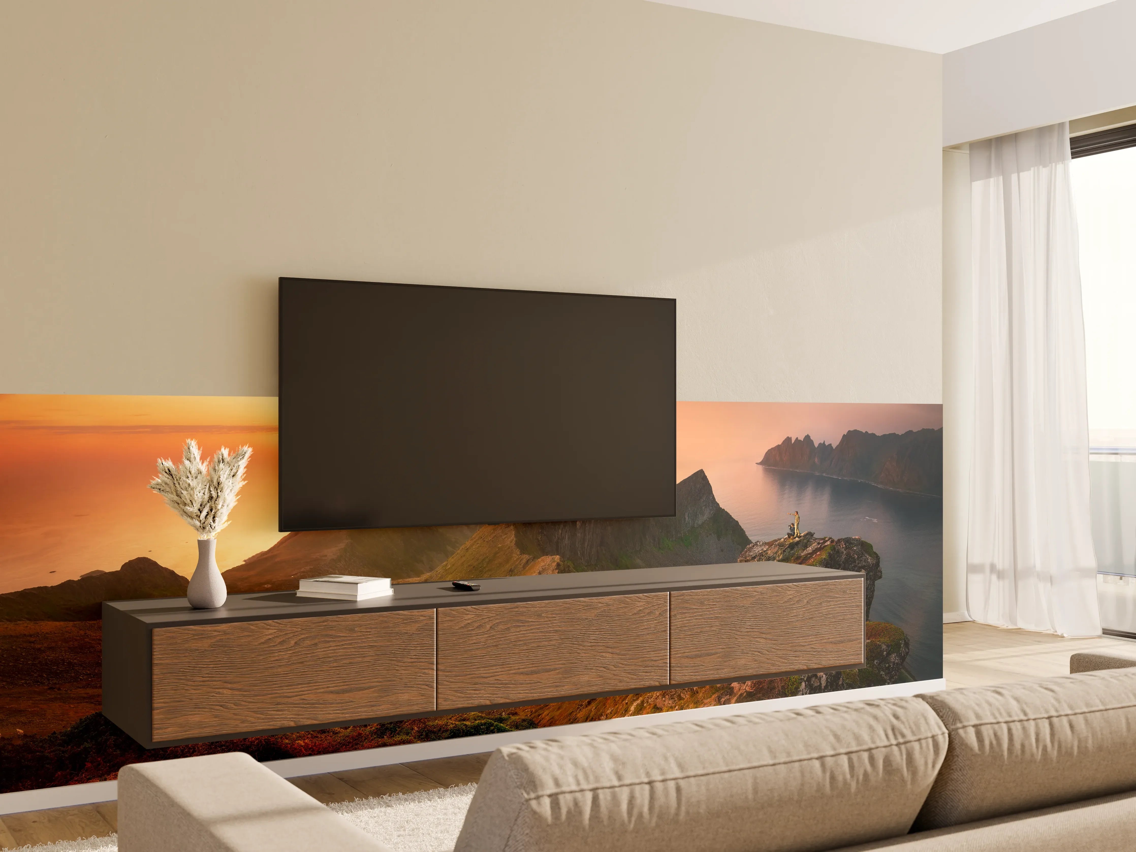 Wandverkleidung Wohnzimmer - Attraktives Bergpanorama bei Sonnenuntergang