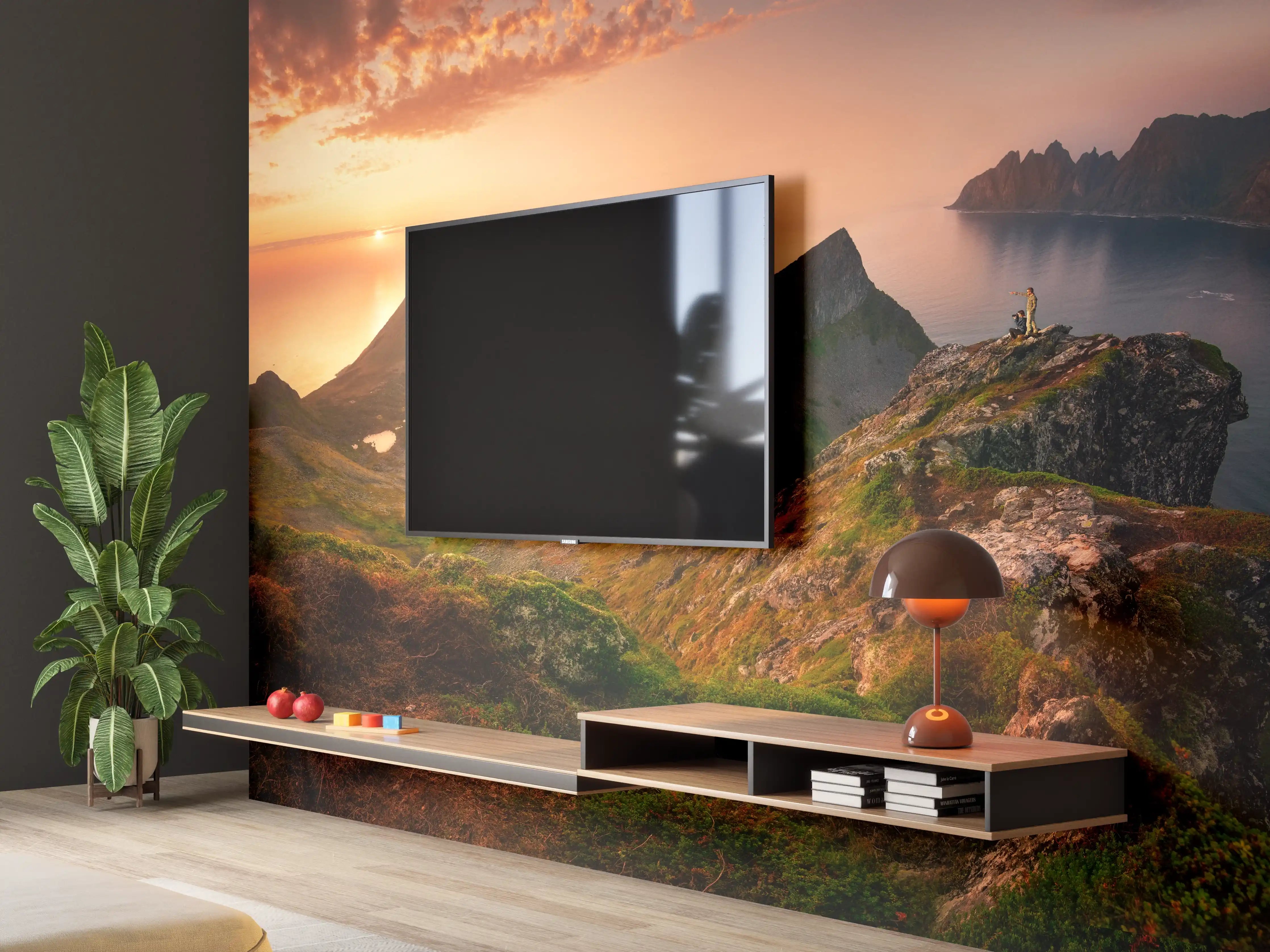 Wandverkleidung Wohnzimmer - Attraktives Bergpanorama bei Sonnenuntergang