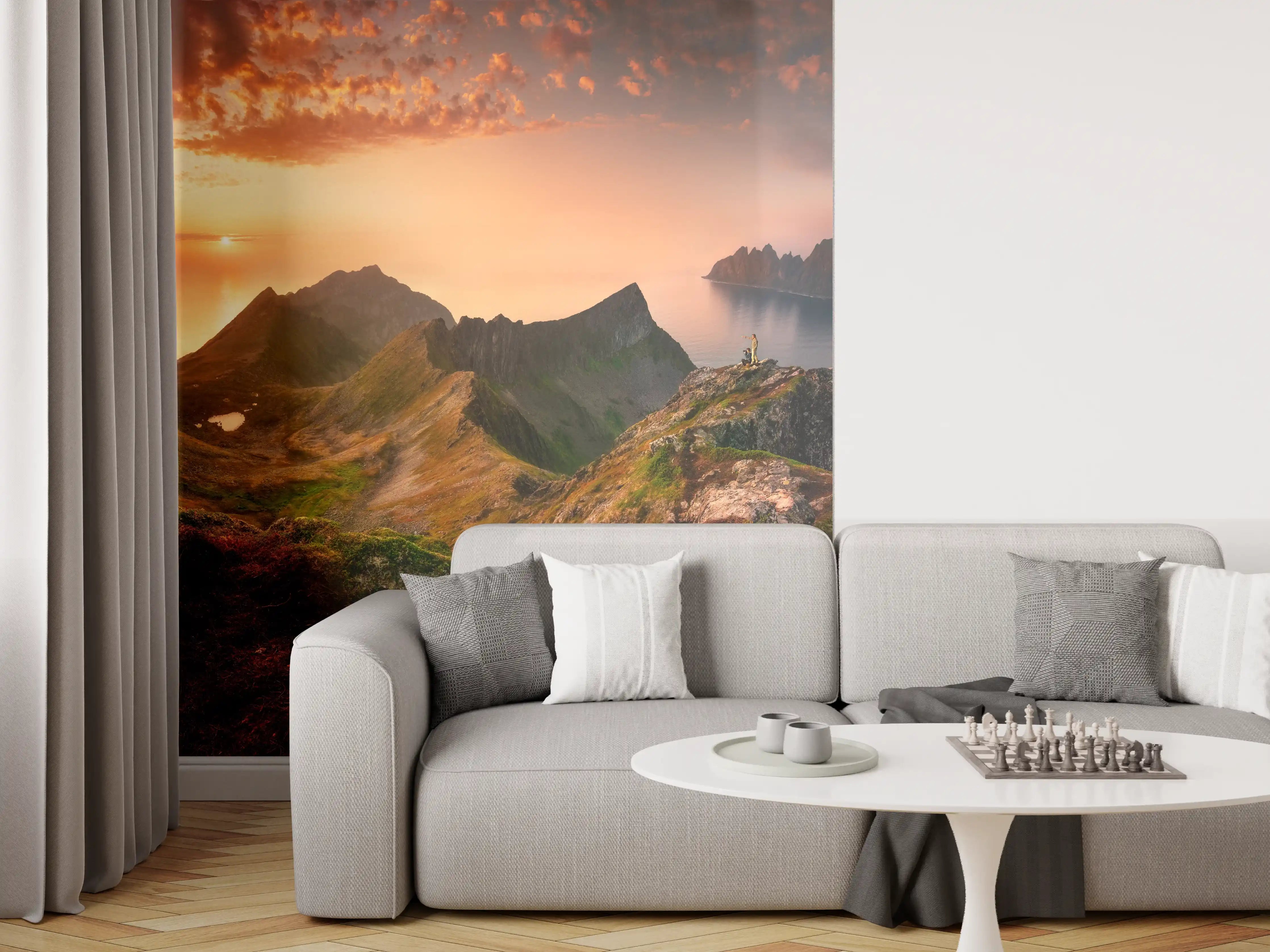 Wandverkleidung Wohnzimmer - Attraktives Bergpanorama bei Sonnenuntergang