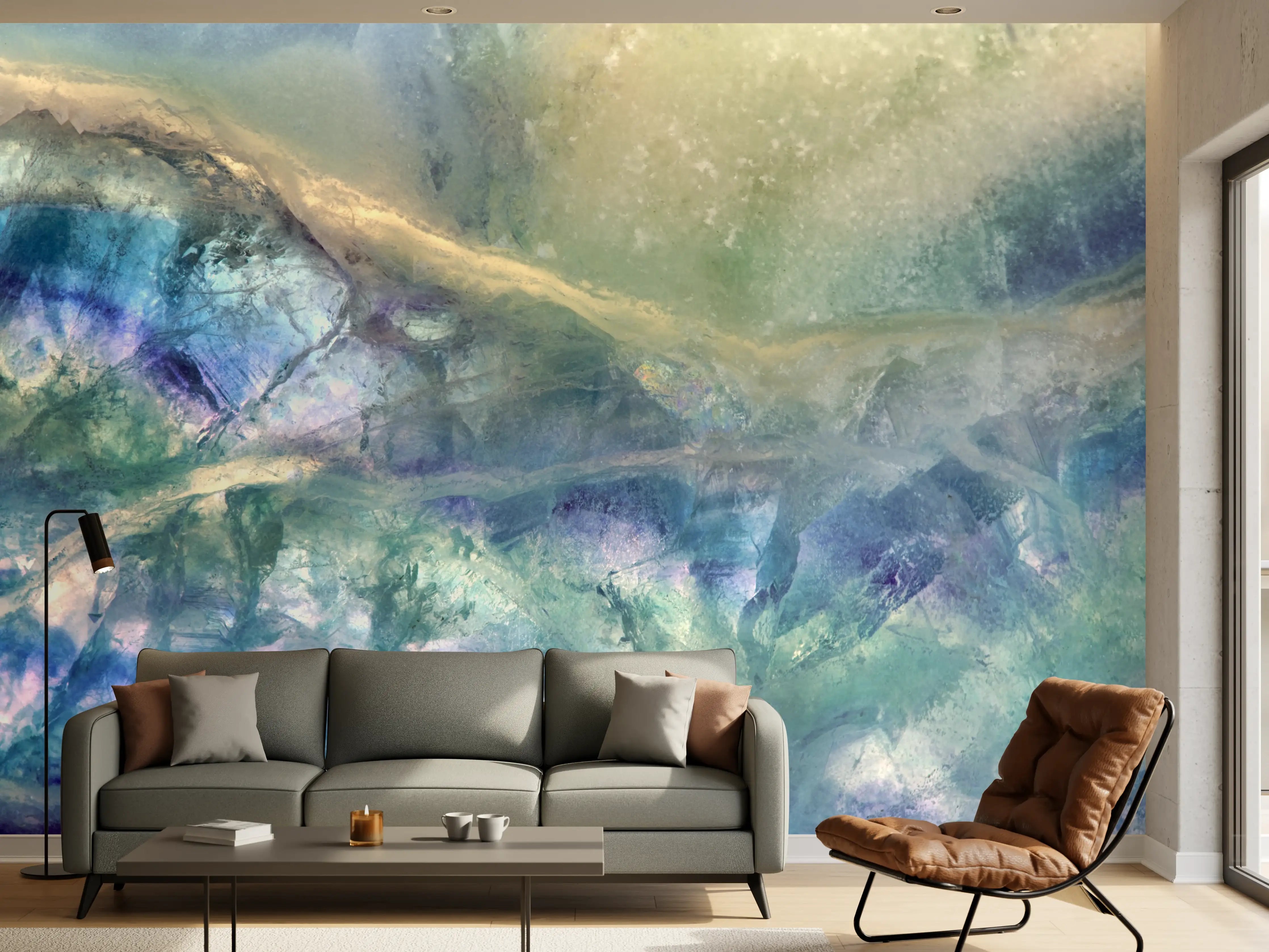 Wandverkleidung Wohnzimmer - Aurora-Effekt in sanften Blau- und Grüntönen