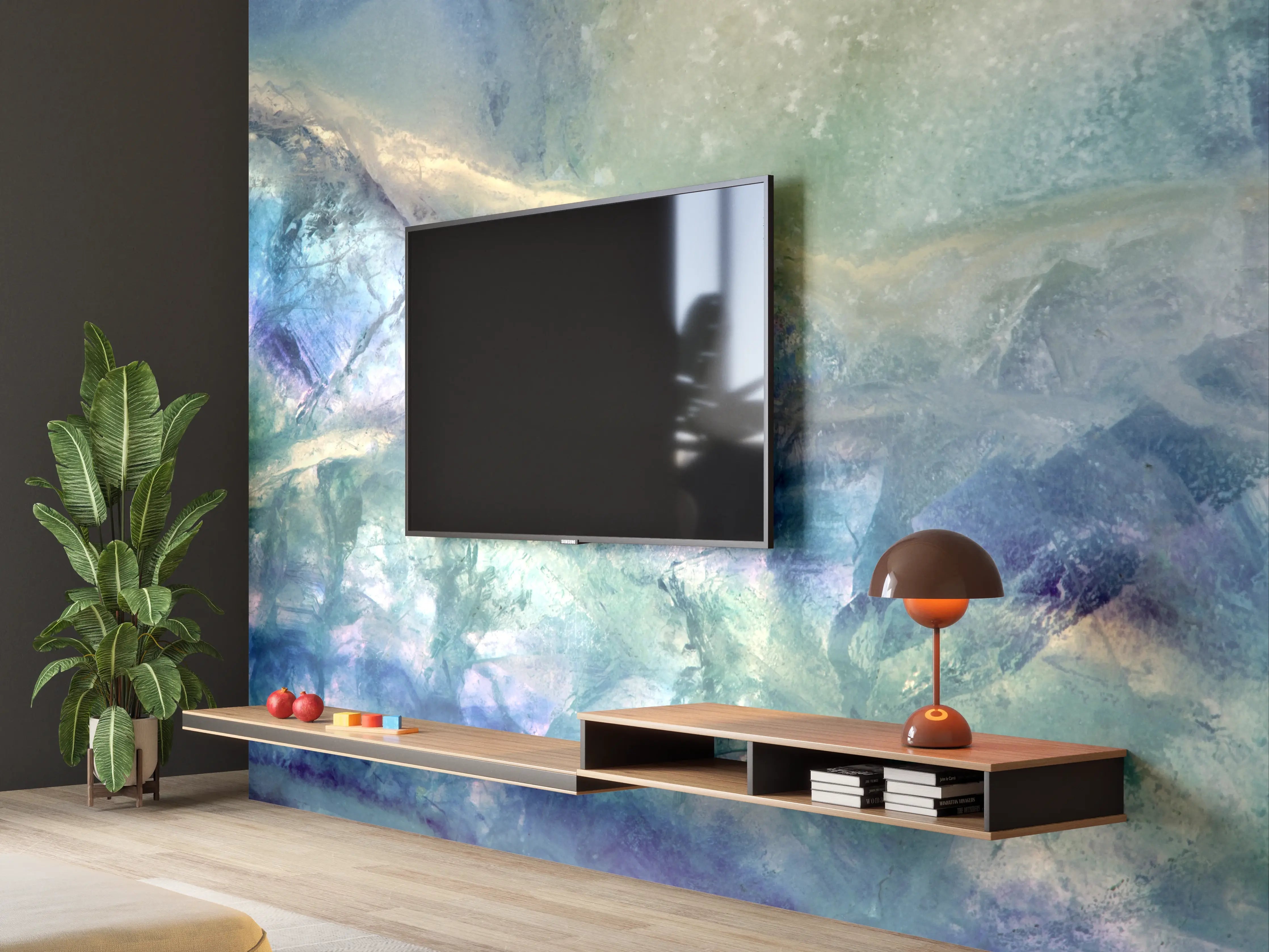 Wandverkleidung Wohnzimmer - Aurora-Effekt in sanften Blau- und Grüntönen