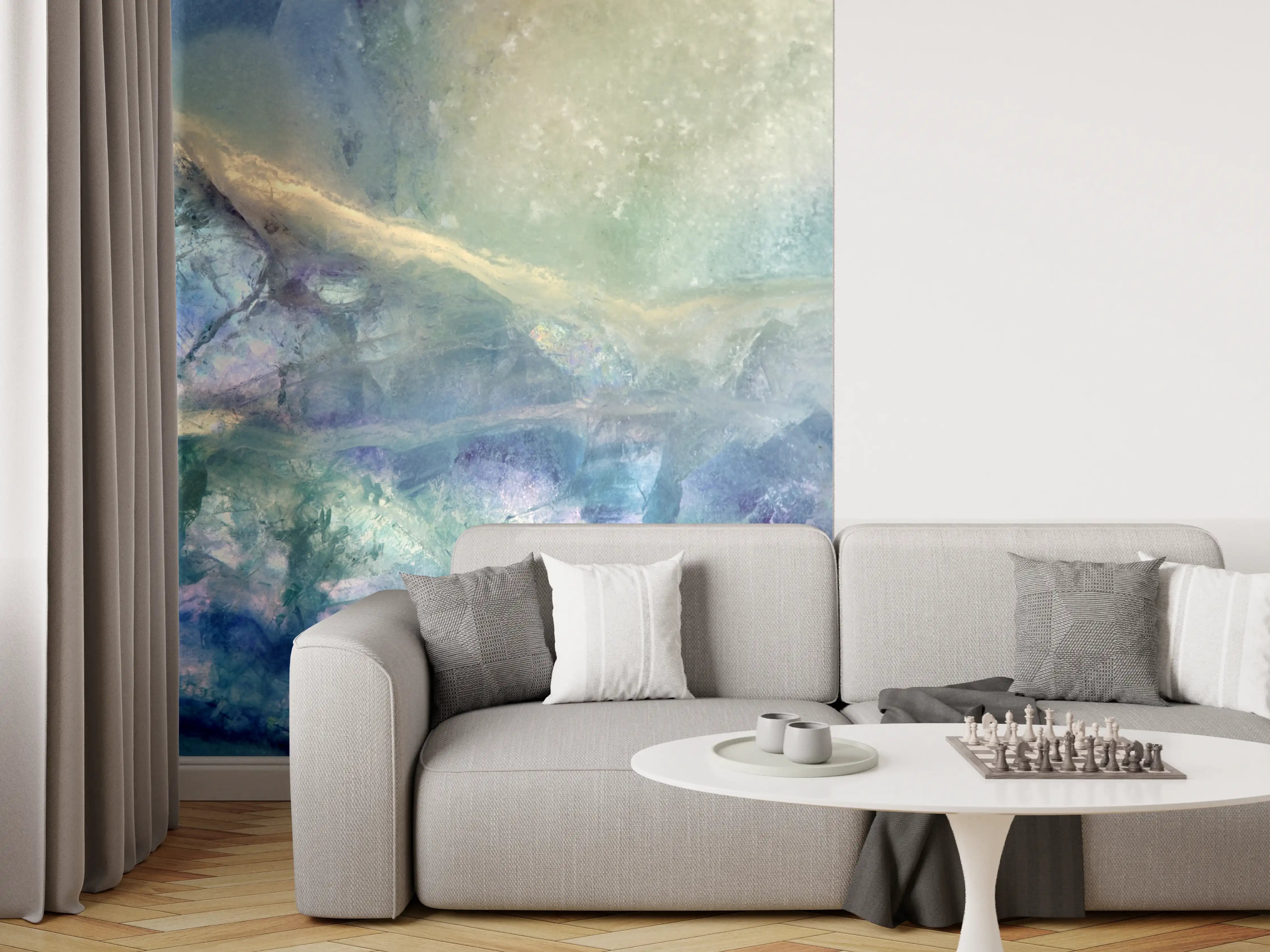Wandverkleidung Wohnzimmer - Aurora-Effekt in sanften Blau- und Grüntönen