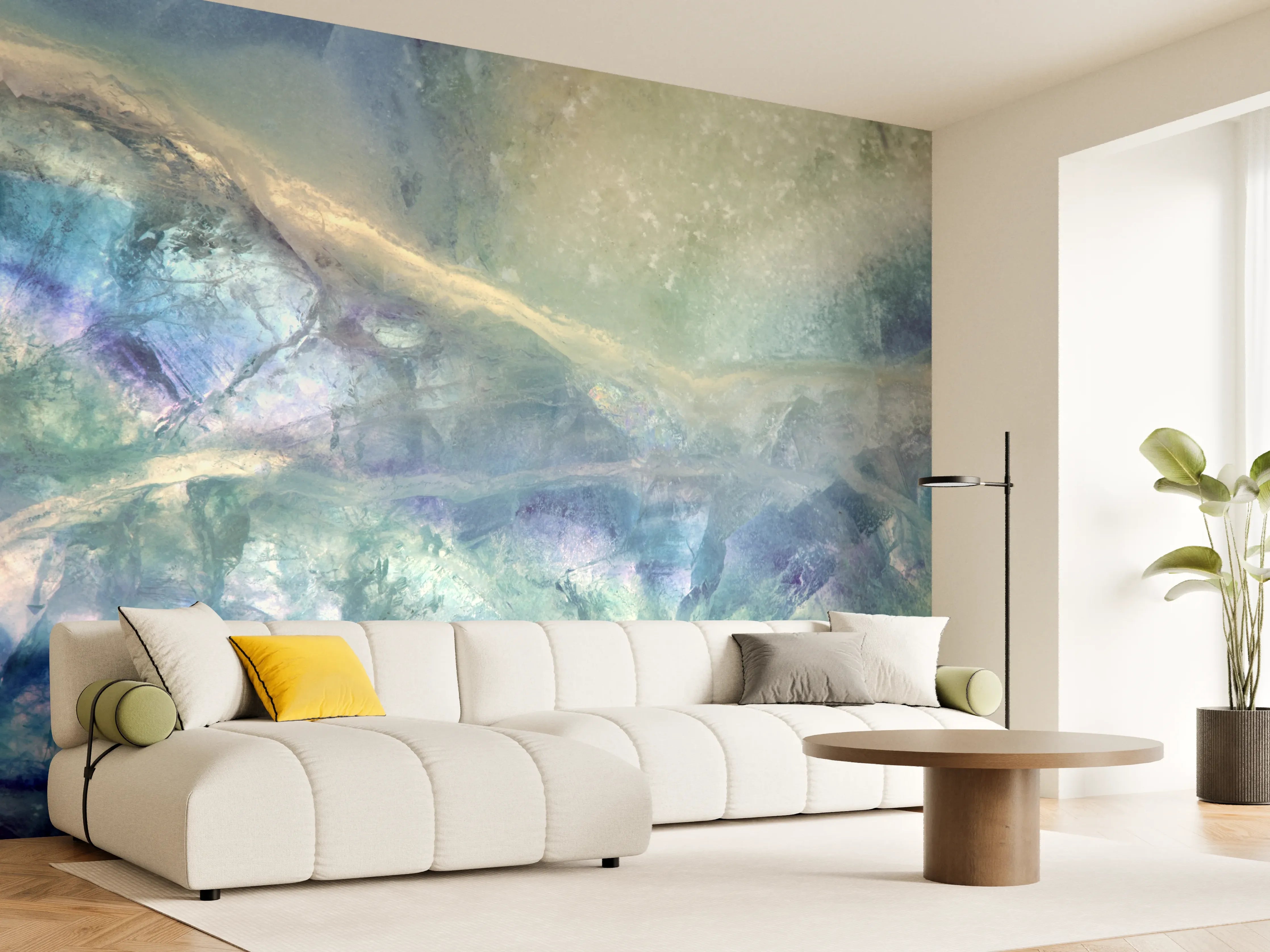Wandverkleidung Wohnzimmer - Aurora-Effekt in sanften Blau- und Grüntönen