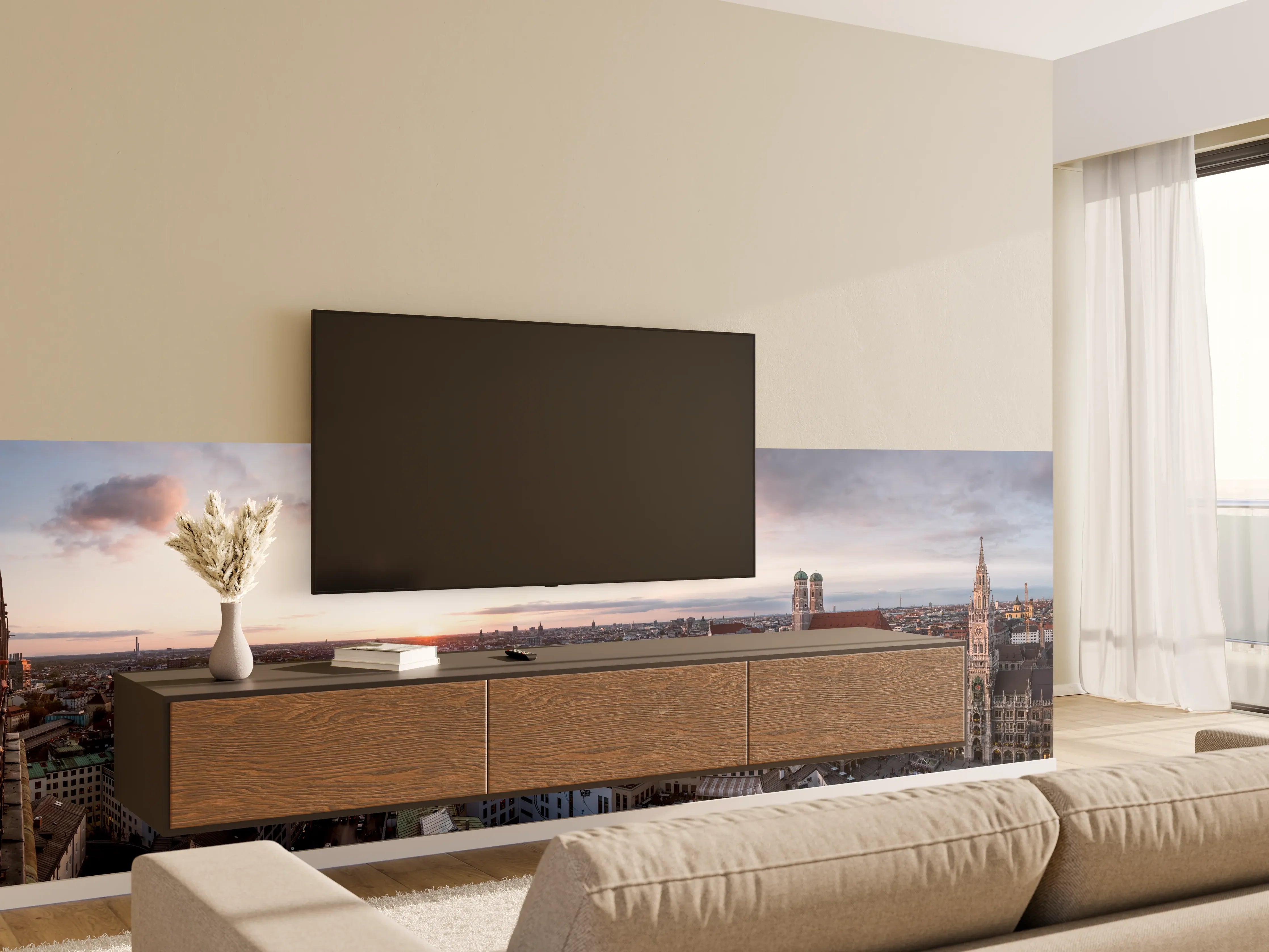 Wandverkleidung Wohnzimmer - Aussicht über München mit Frauenkirche und Rathaus