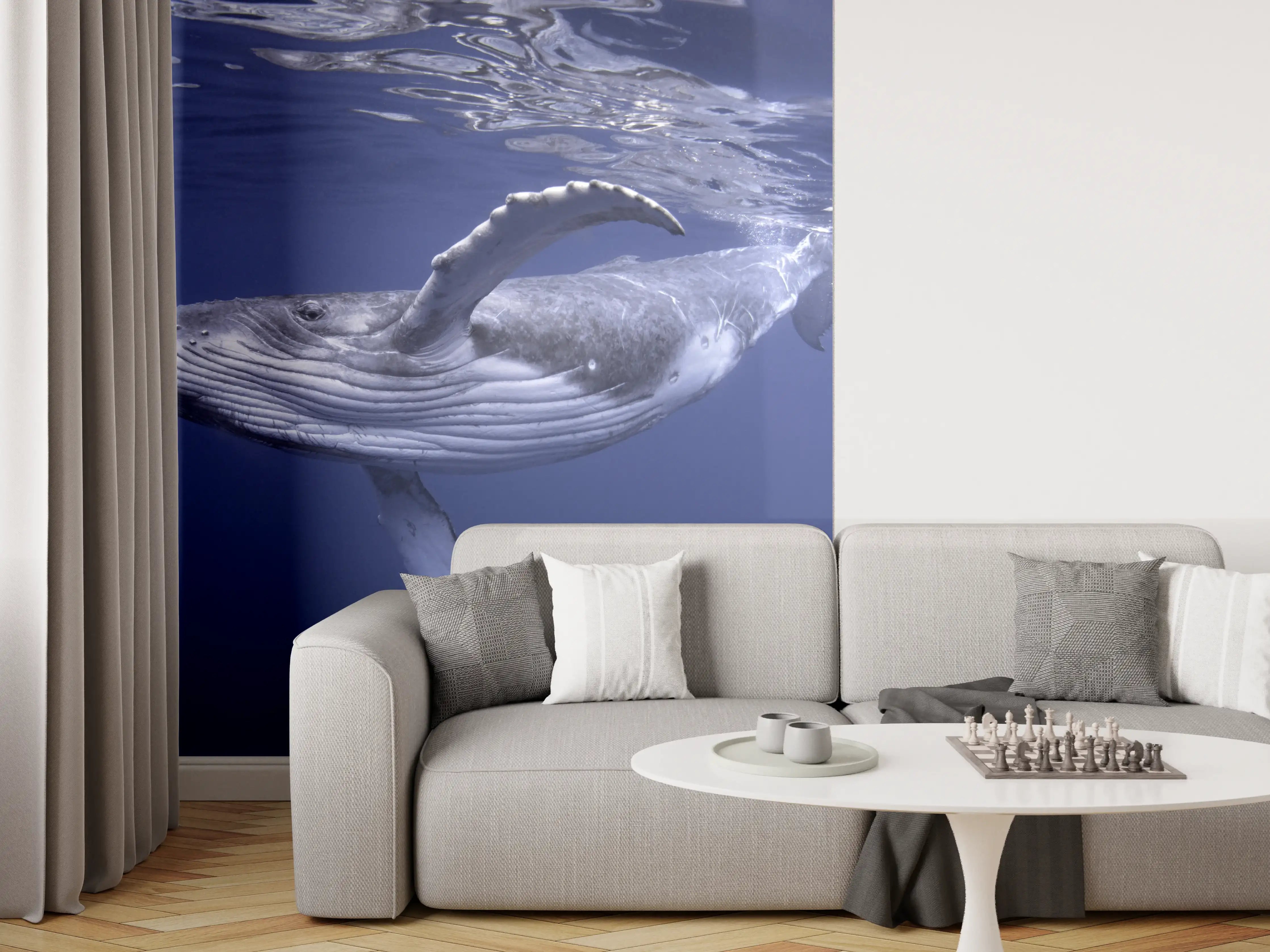 Wandverkleidung Wohnzimmer - Baby-Buckelwal-Kalb im blauen Wasser