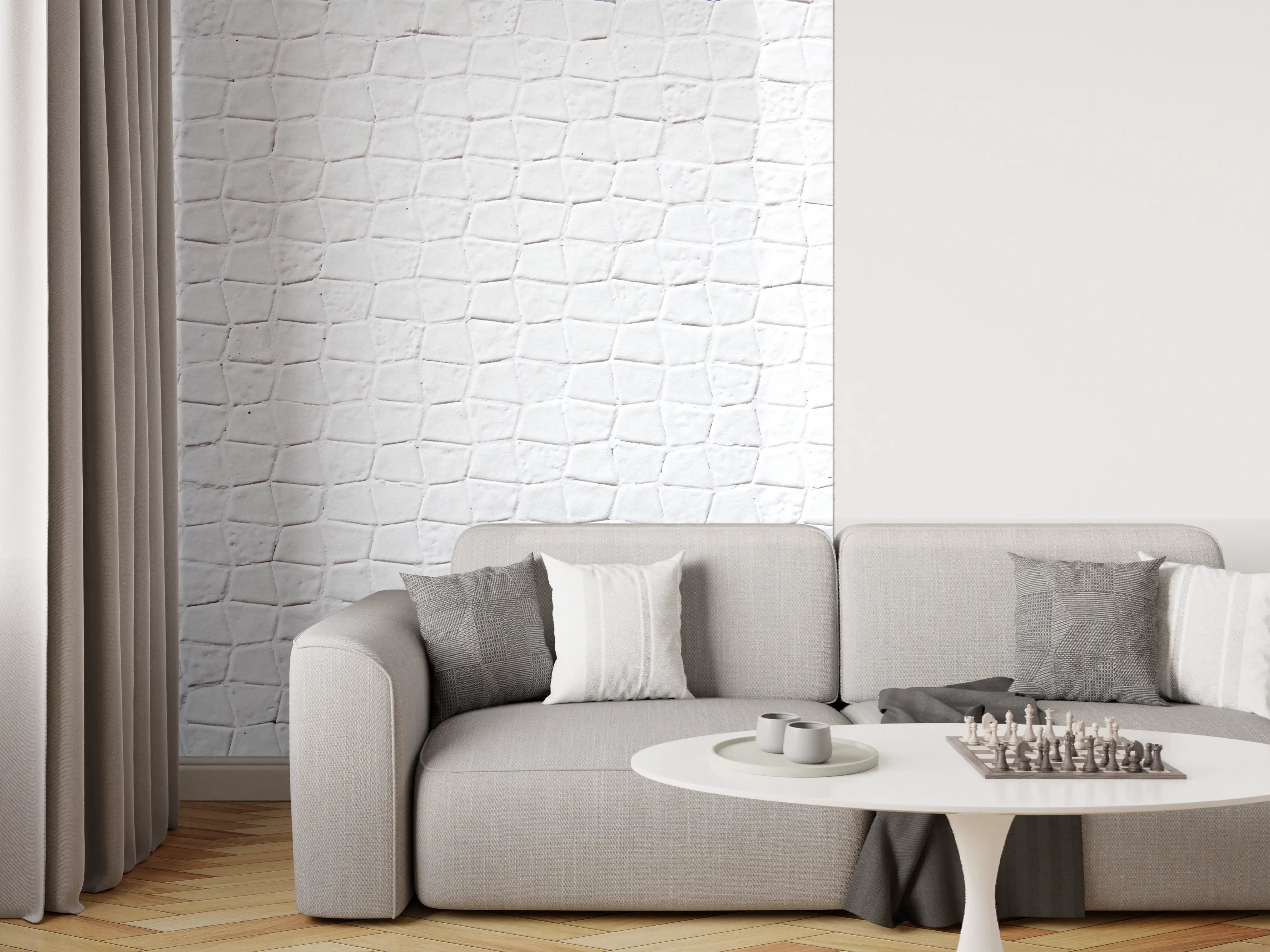 Wandverkleidung Wohnzimmer - Backsteinmauertextur mit rissigen Fliesen