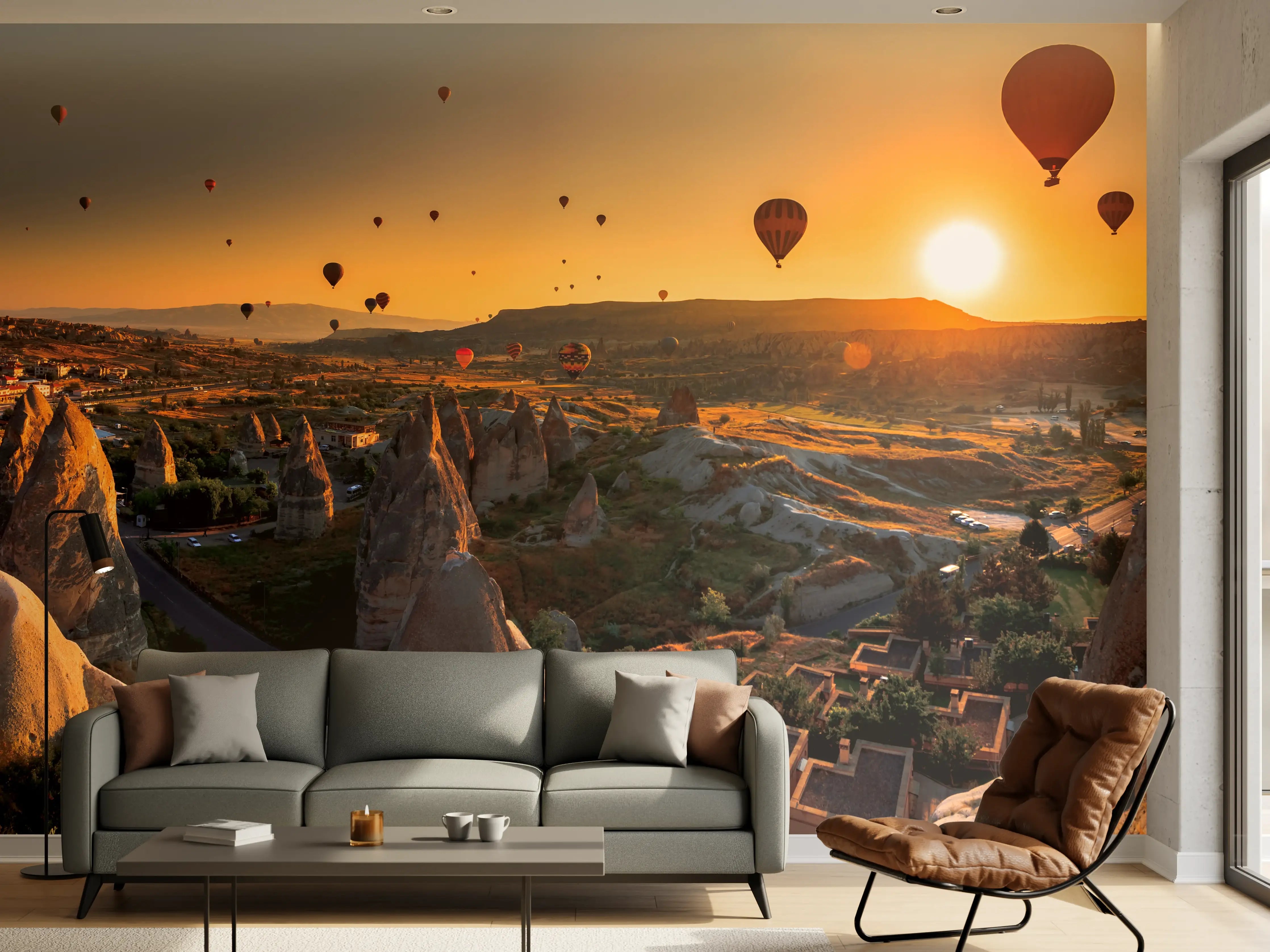 Wandverkleidung Wohnzimmer - Ballonfahrt bei Sonnenaufgang über Kappadokien
