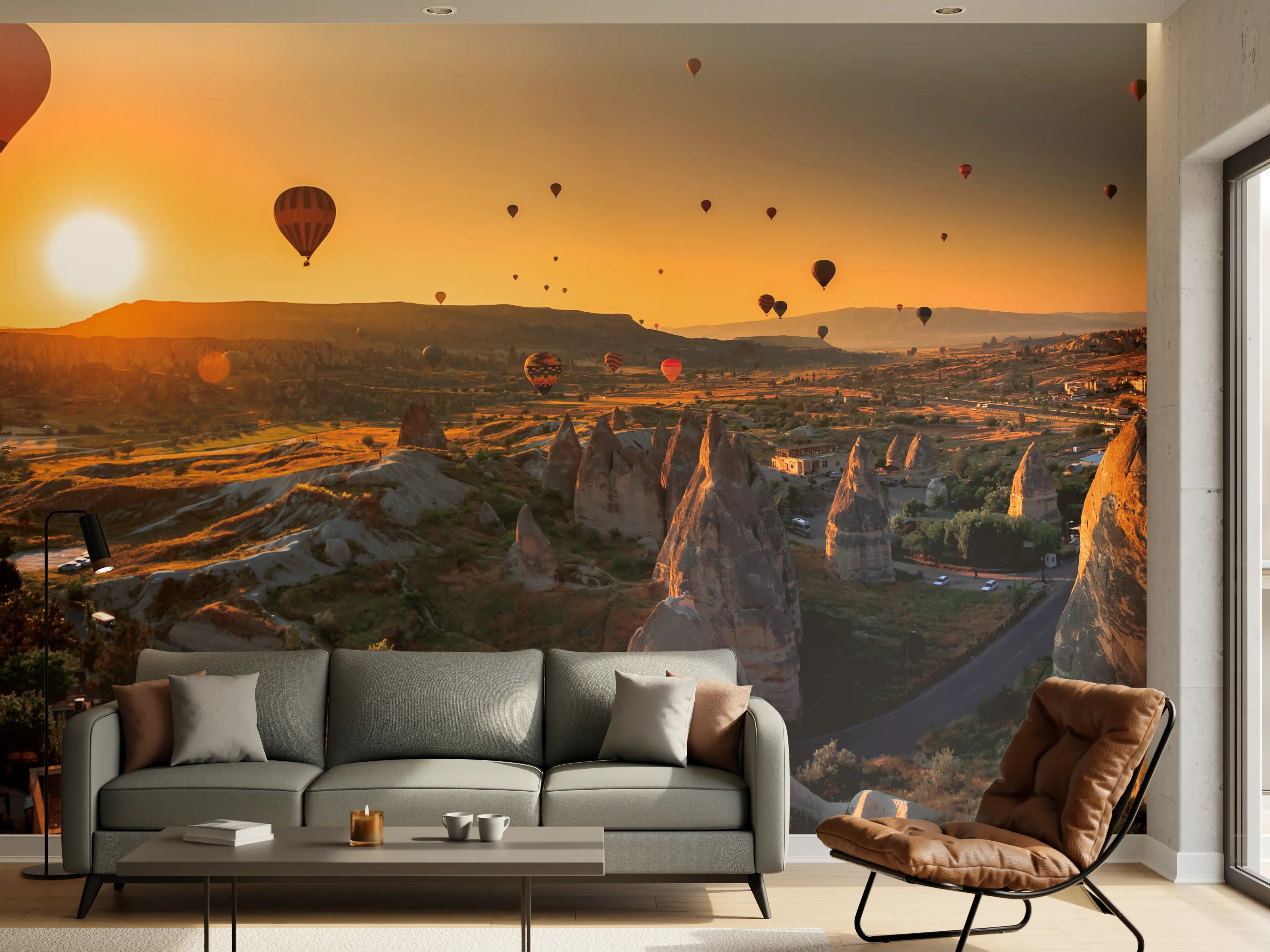 Wandverkleidung Wohnzimmer - Ballonfahrt bei Sonnenuntergang in Kappadokien
