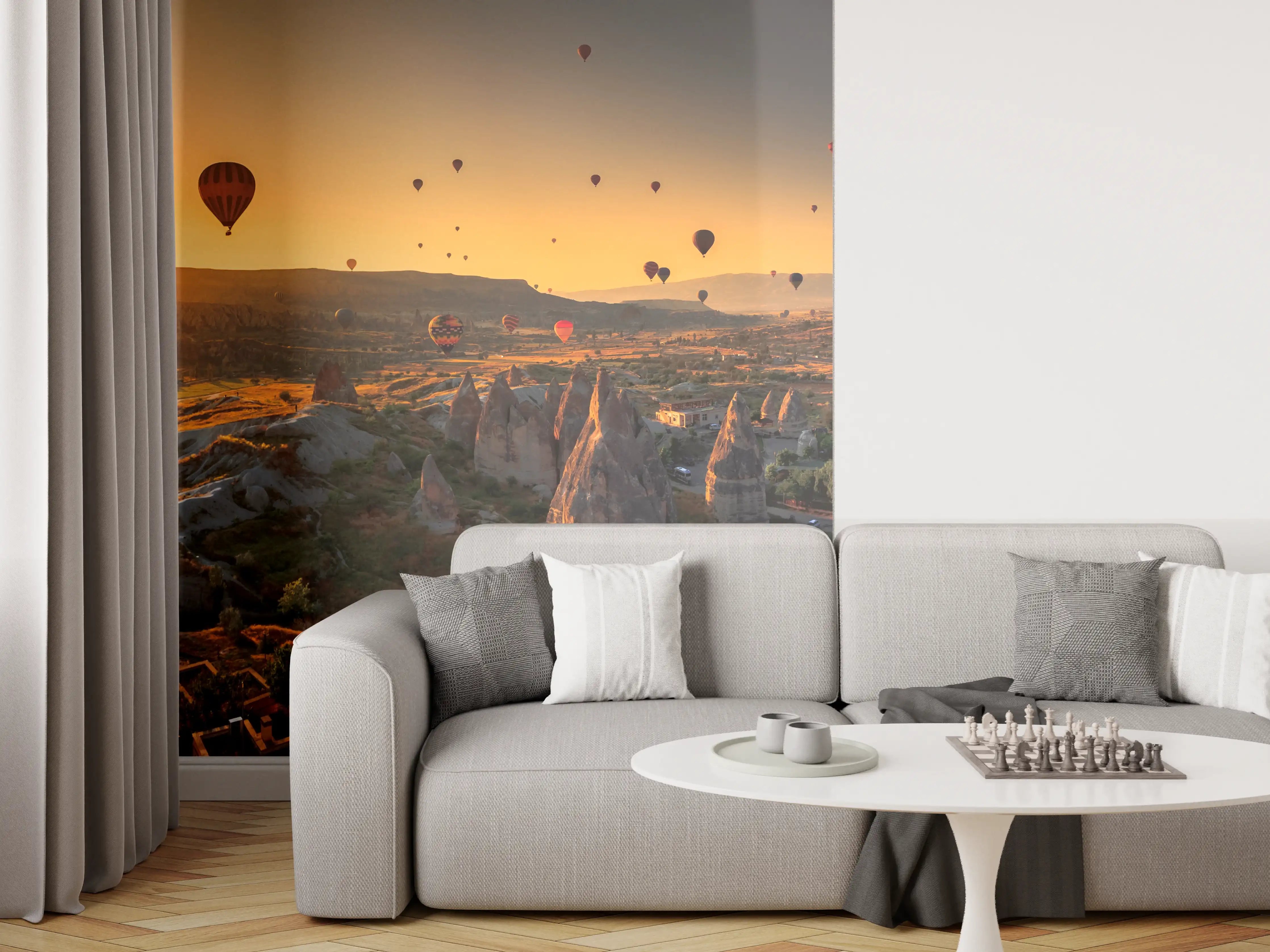 Wandverkleidung Wohnzimmer - Ballonfahrt bei Sonnenuntergang in Kappadokien