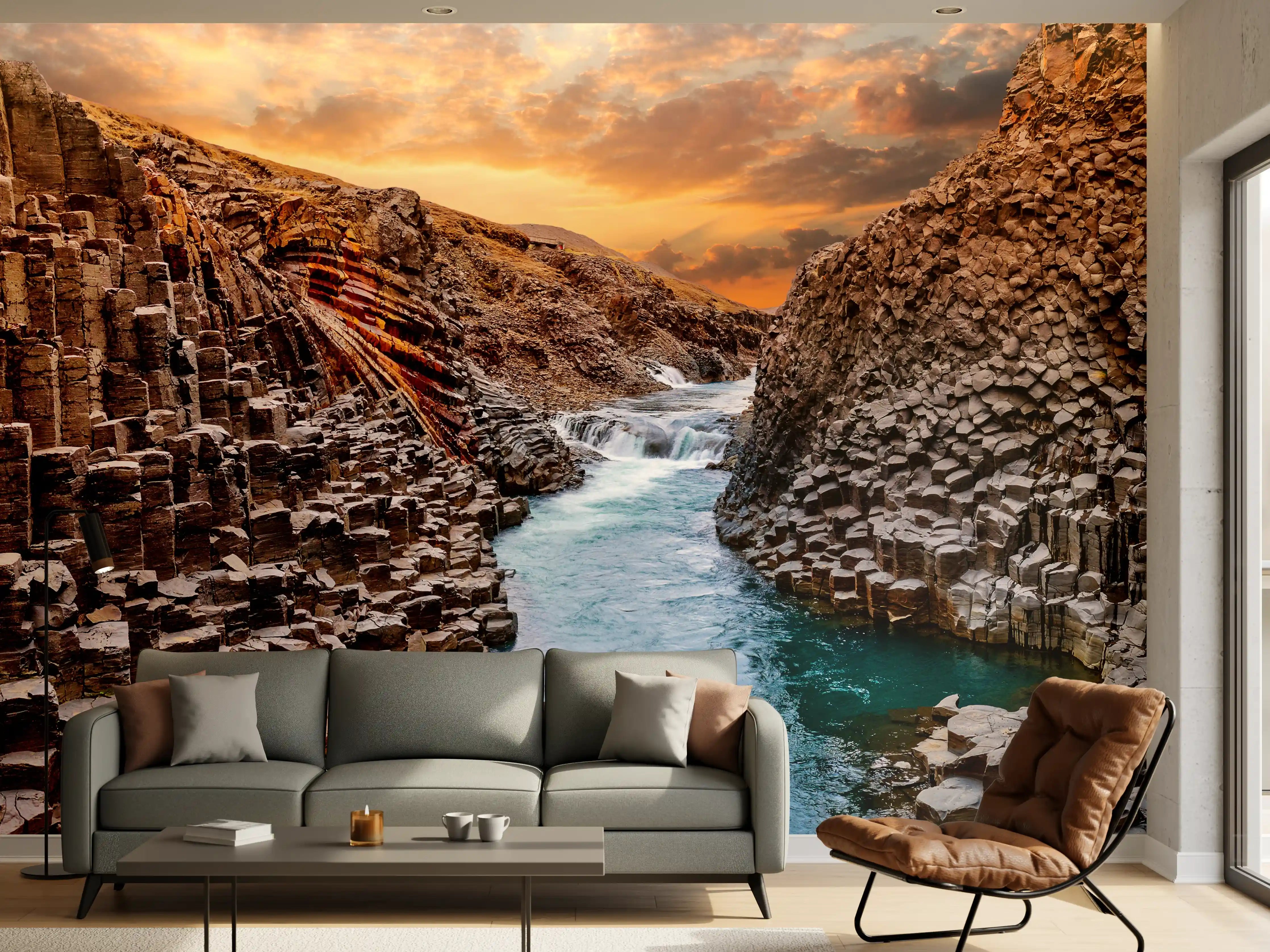 Wandverkleidung Wohnzimmer - Basaltformationen und Fluss bei Sonnenuntergang