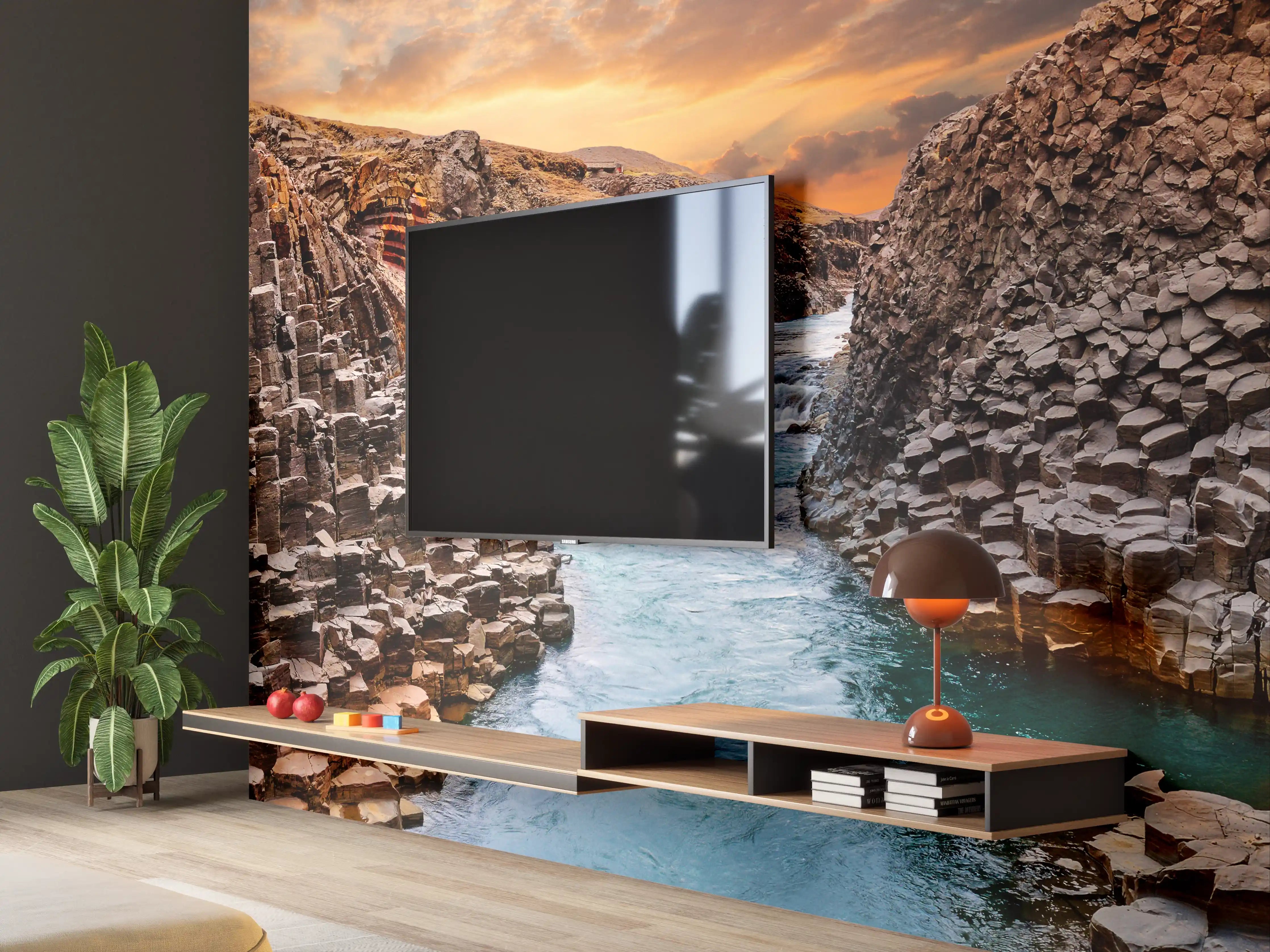 Wandverkleidung Wohnzimmer - Basaltformationen und Fluss bei Sonnenuntergang