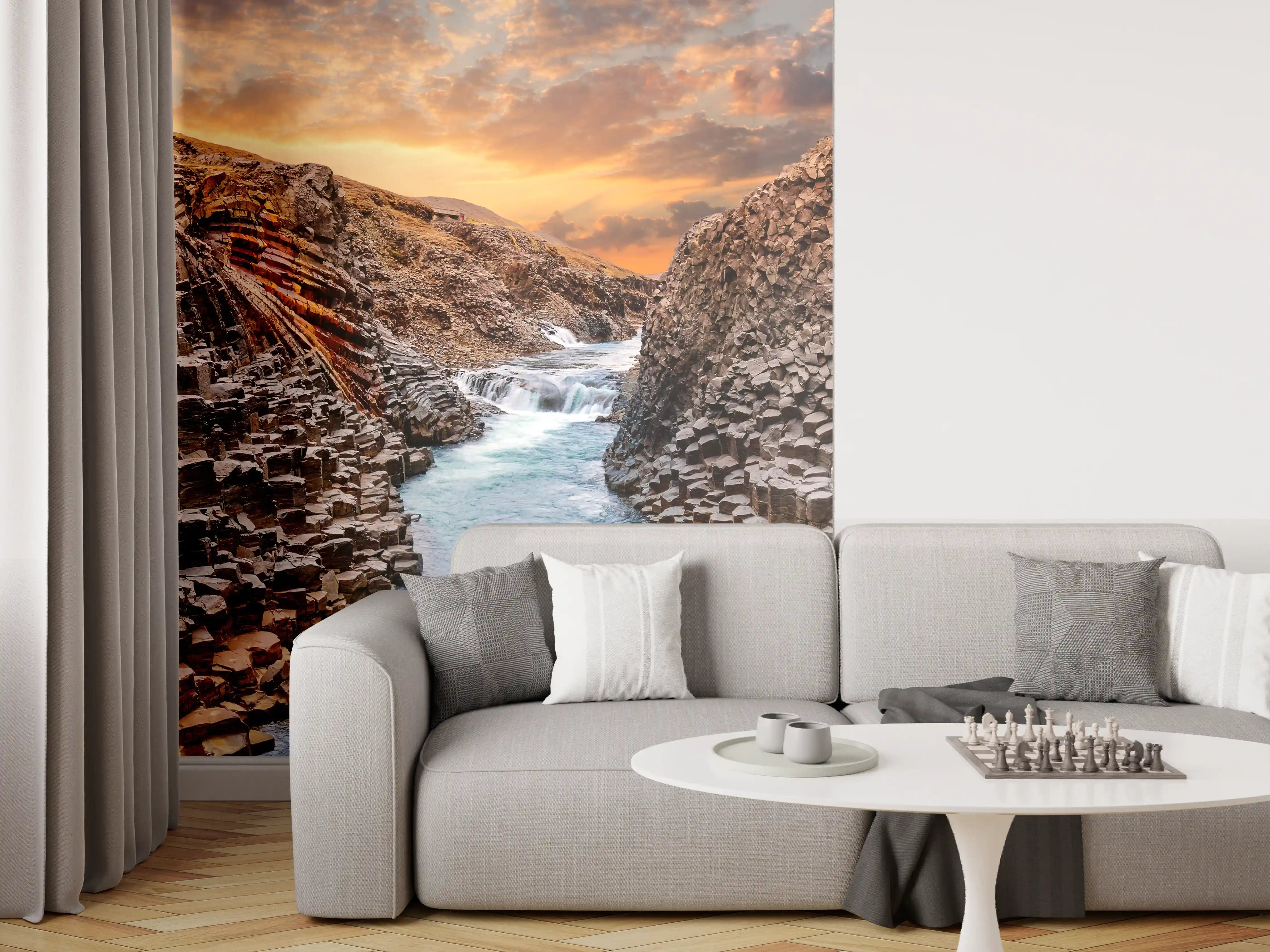 Wandverkleidung Wohnzimmer - Basaltformationen und Fluss bei Sonnenuntergang