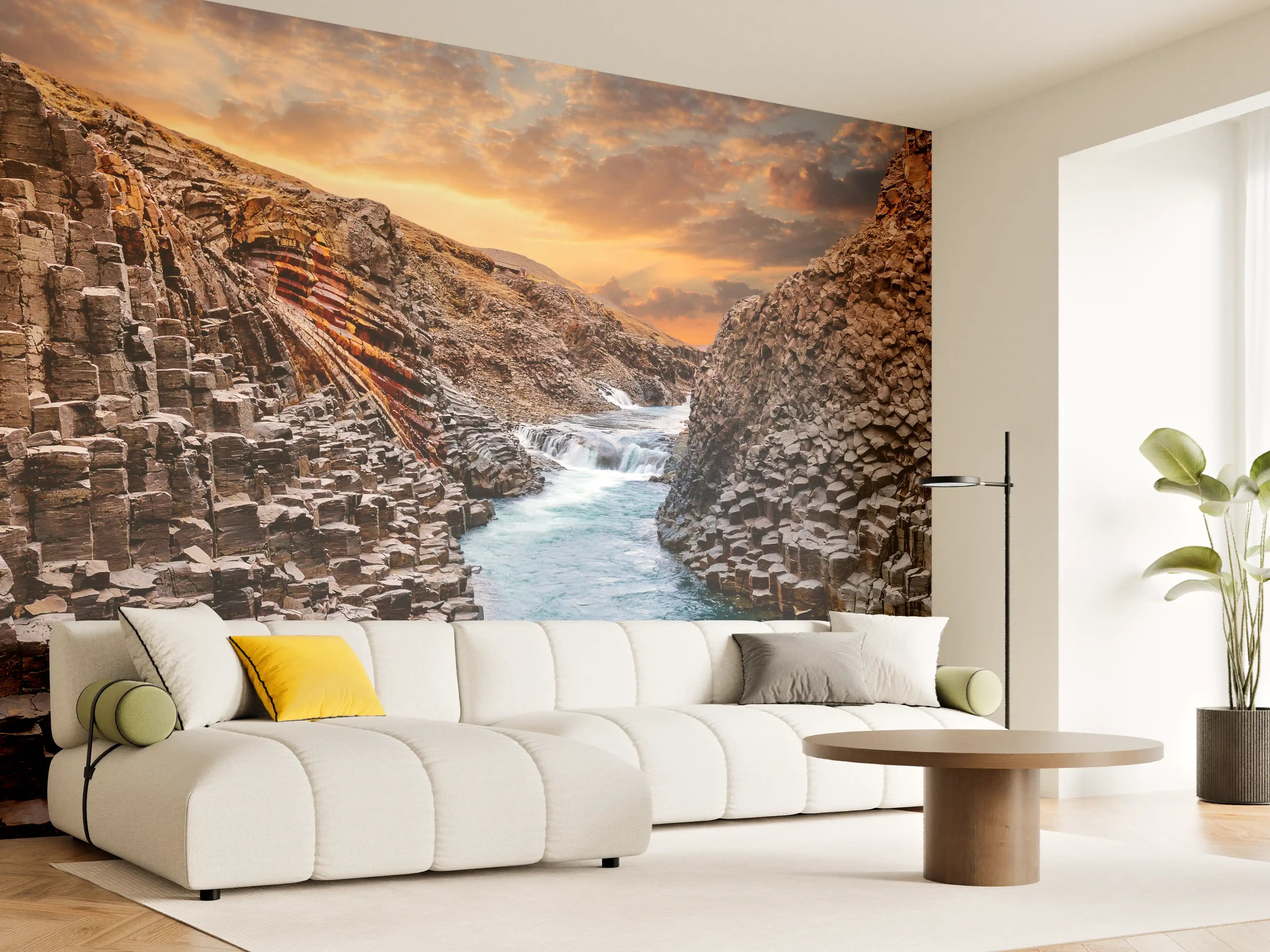 Wandverkleidung Wohnzimmer - Basaltformationen und Fluss bei Sonnenuntergang