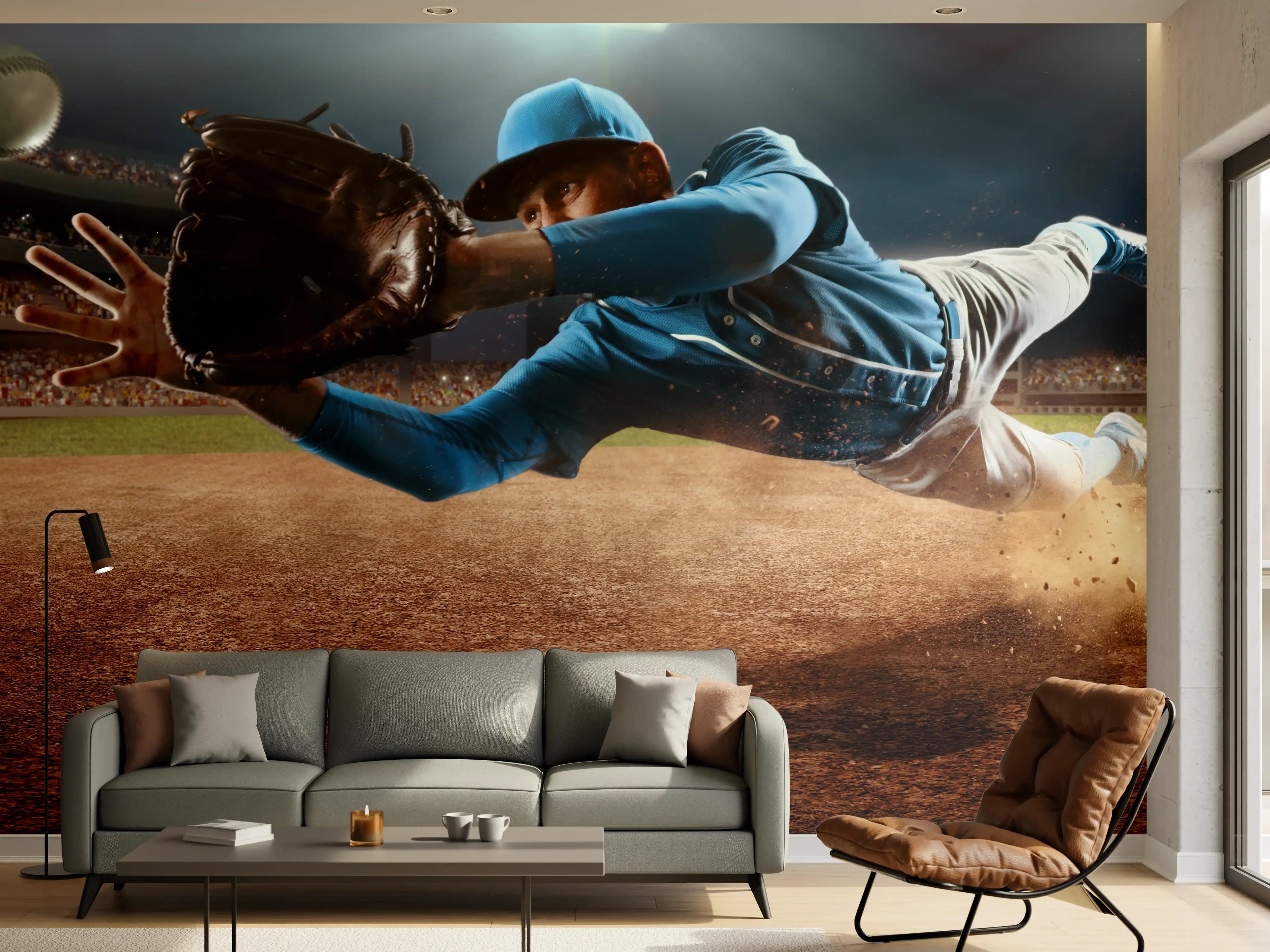 Wandverkleidung Wohnzimmer - Baseballer fängt den Ball