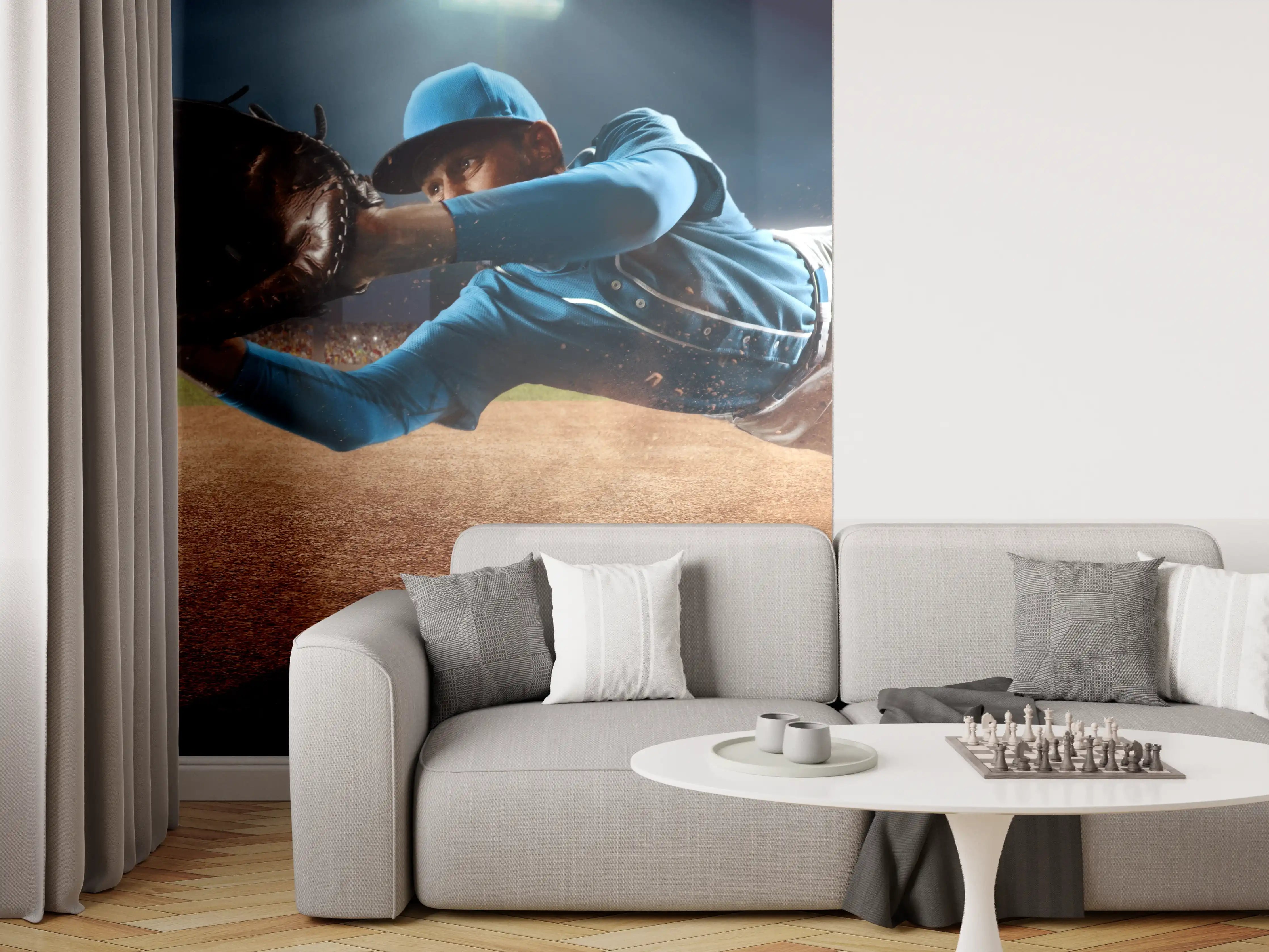 Wandverkleidung Wohnzimmer - Baseballer fängt den Ball