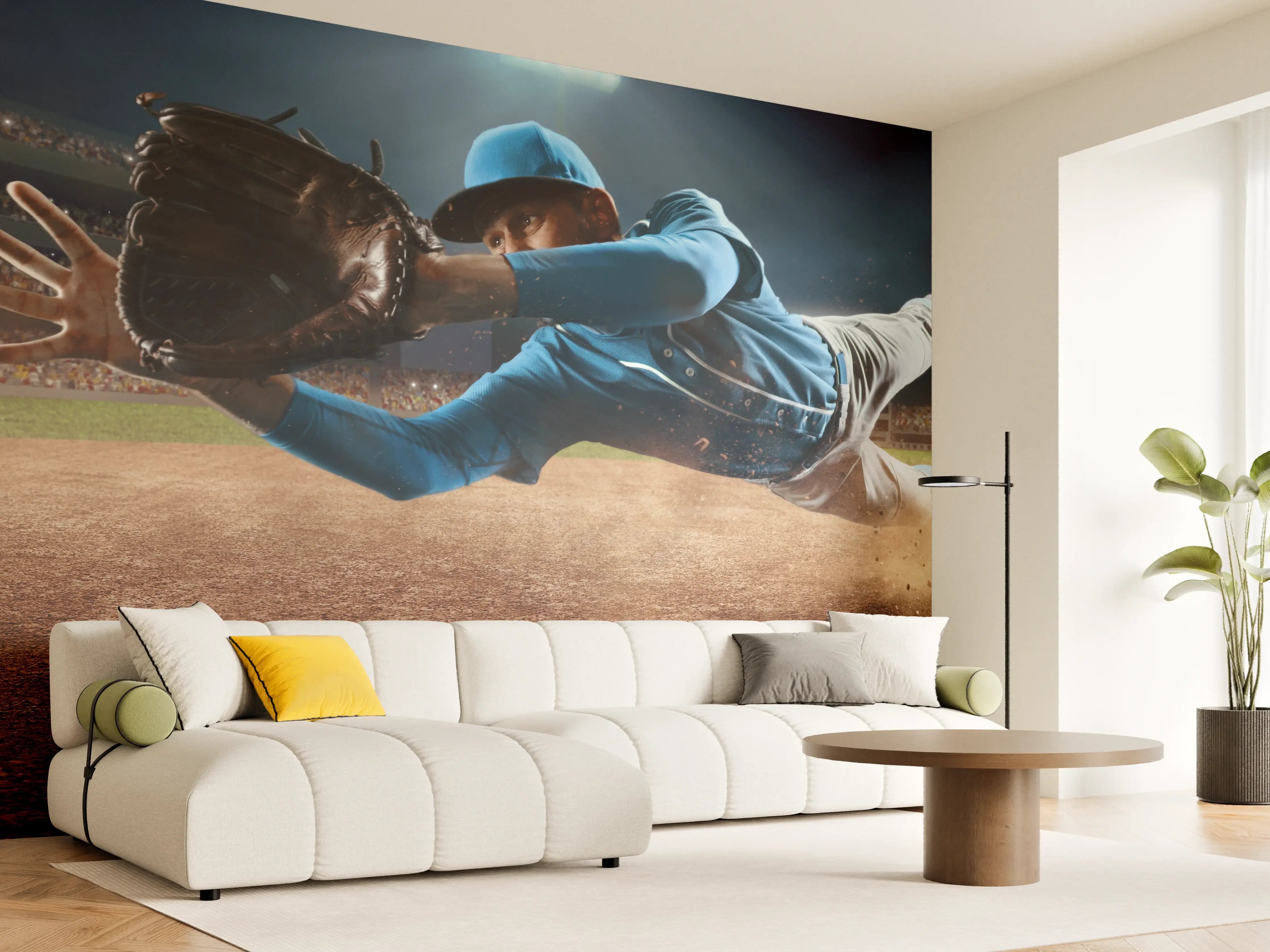 Wandverkleidung Wohnzimmer - Baseballer fängt den Ball