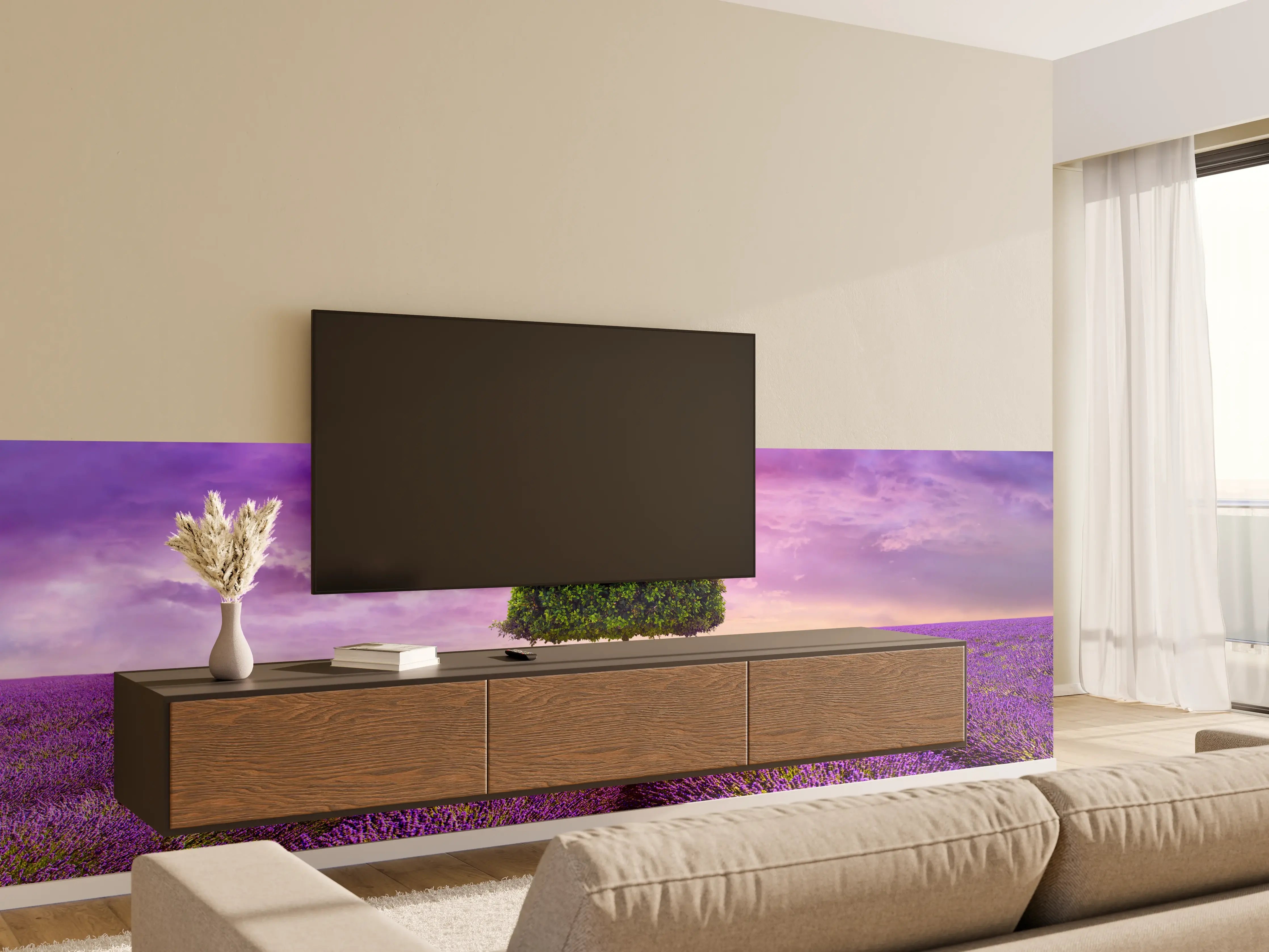 Wandverkleidung Wohnzimmer - Baum im schönen lavendel Feld