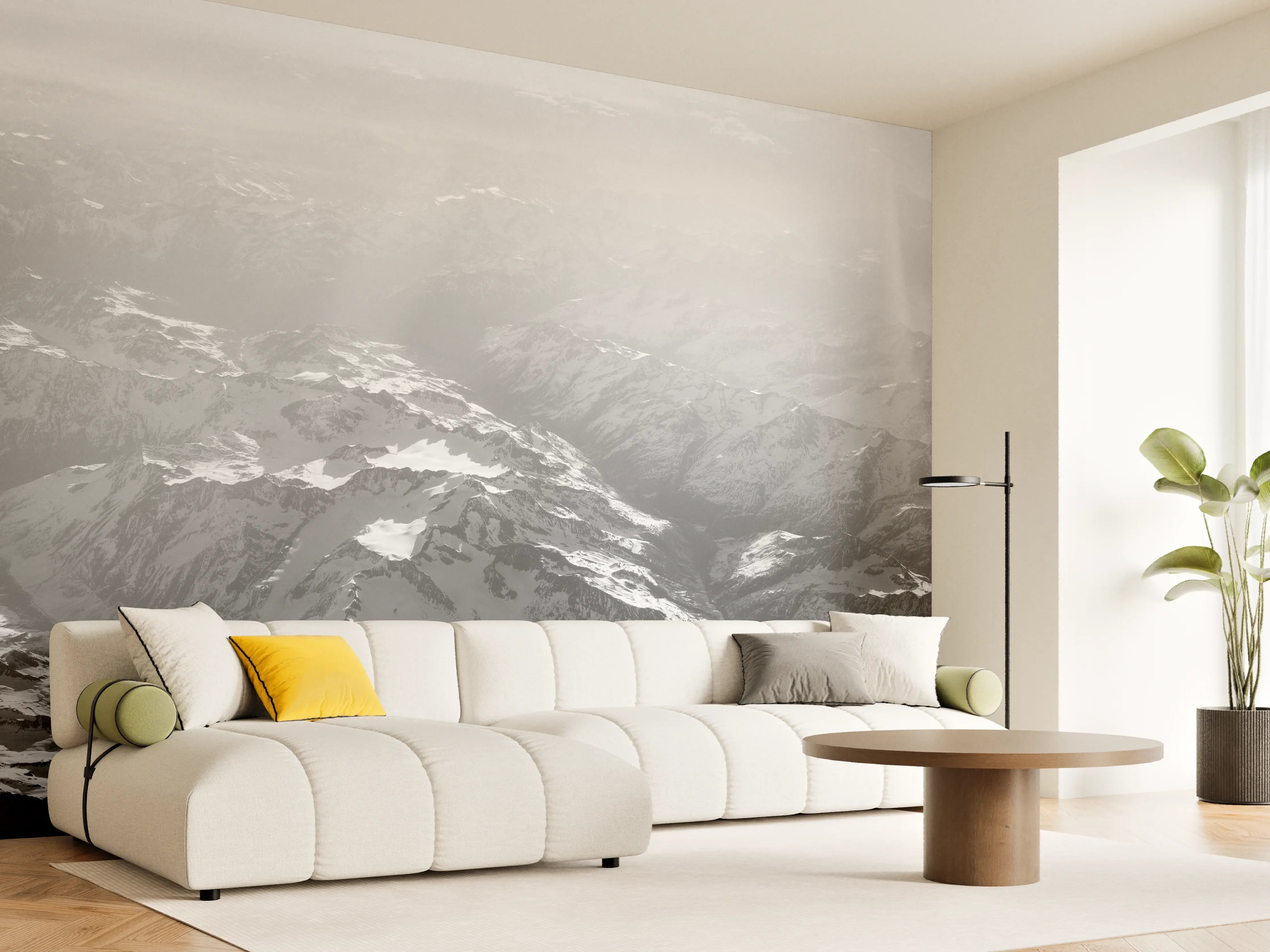 Wandverkleidung Wohnzimmer - Beeindruckende Alpenlandschaft im Schwarzweiß