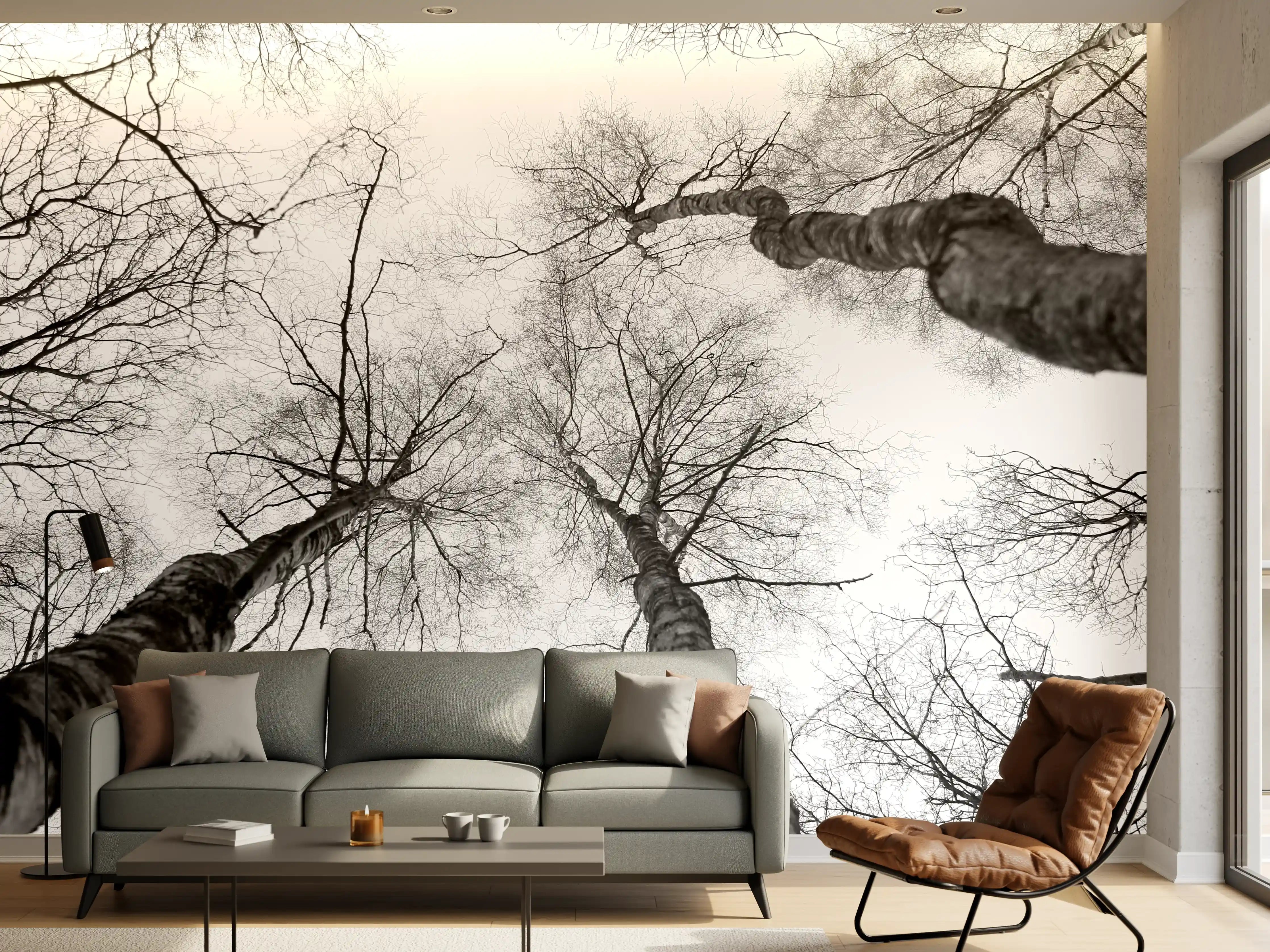 Wandverkleidung Wohnzimmer - Beeindruckende Baumwälder im Schwarz-Weiß-Look