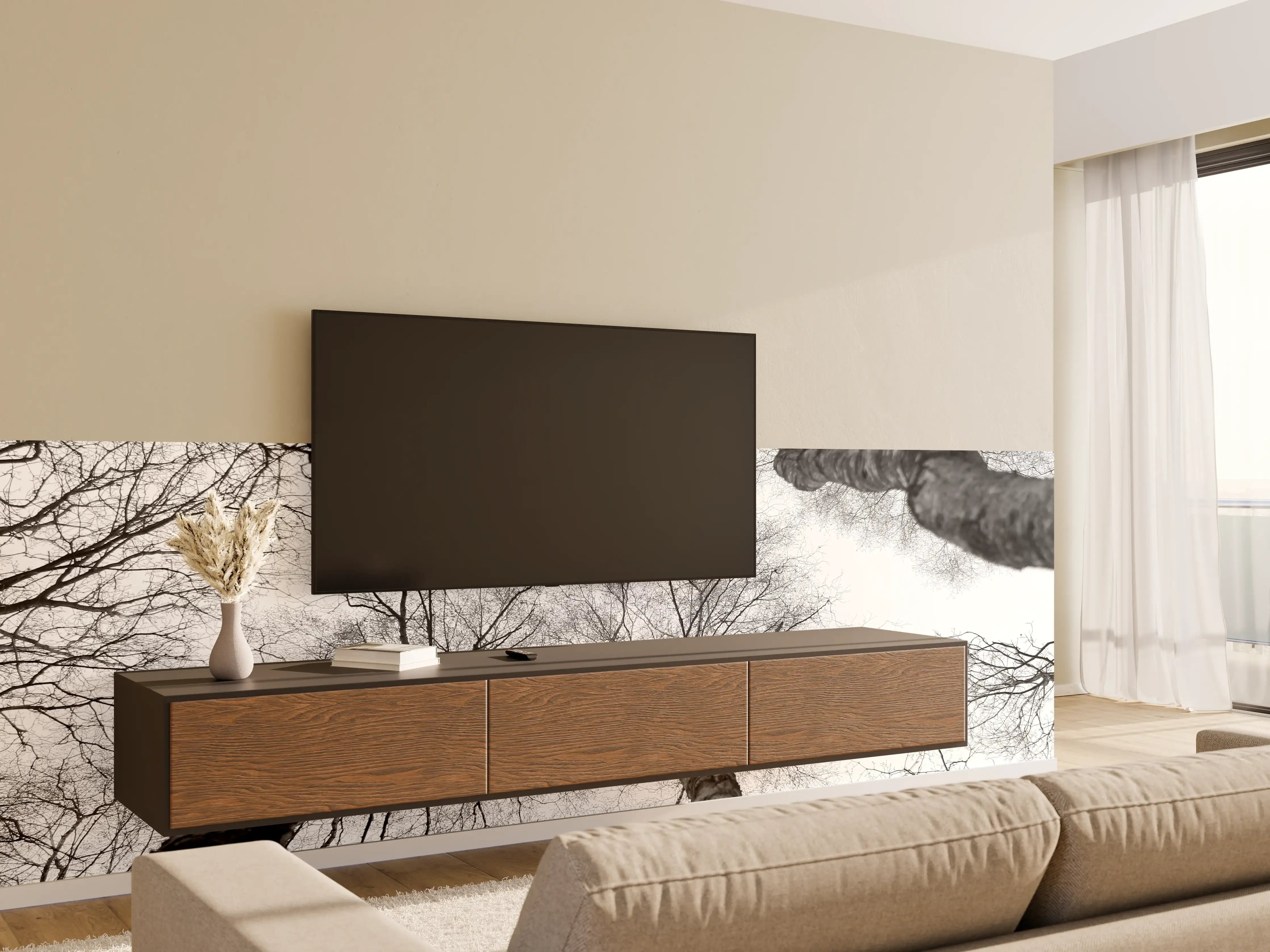 Wandverkleidung Wohnzimmer - Beeindruckende Baumwälder im Schwarz-Weiß-Look