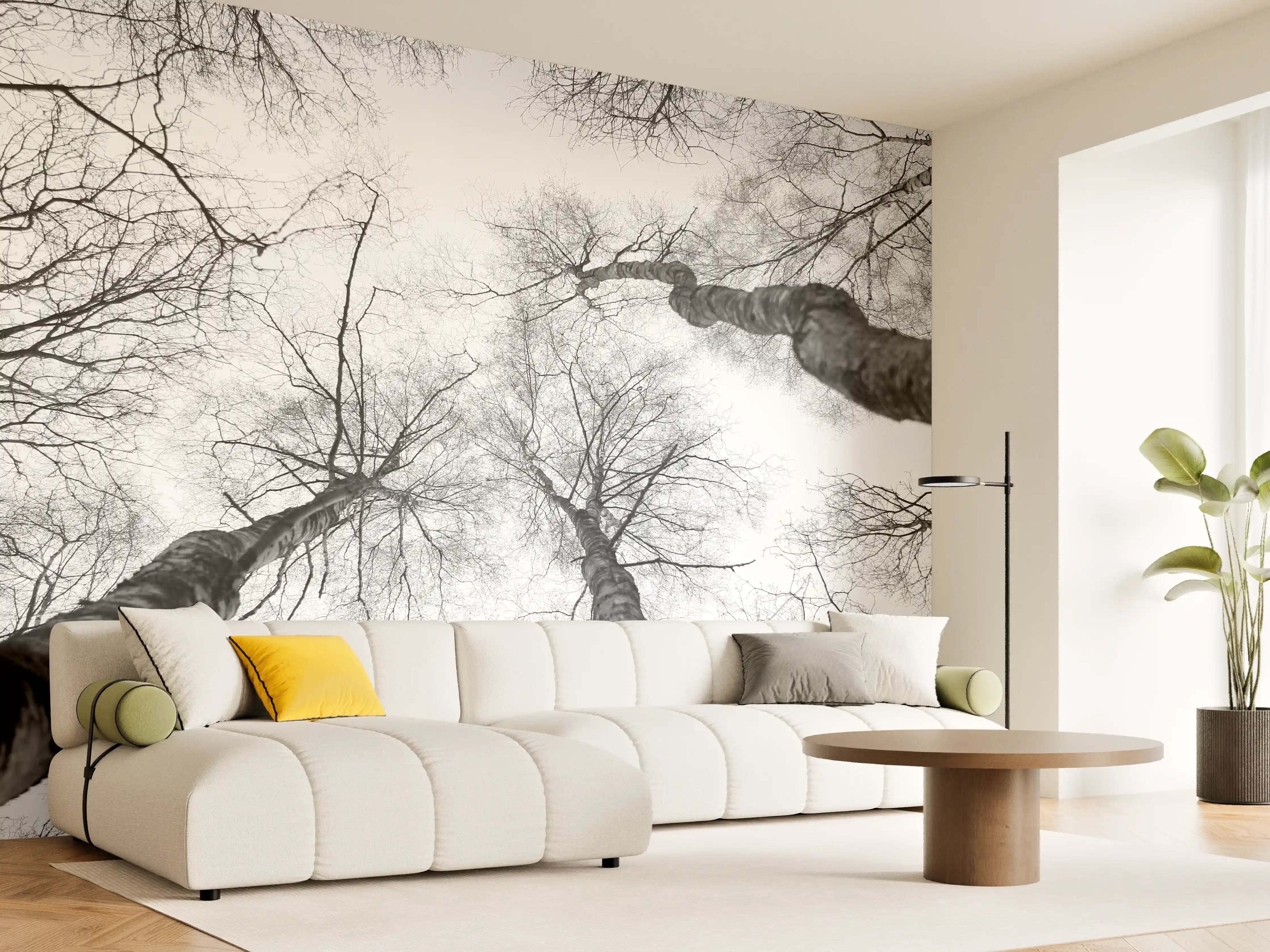 Wandverkleidung Wohnzimmer - Beeindruckende Baumwälder im Schwarz-Weiß-Look