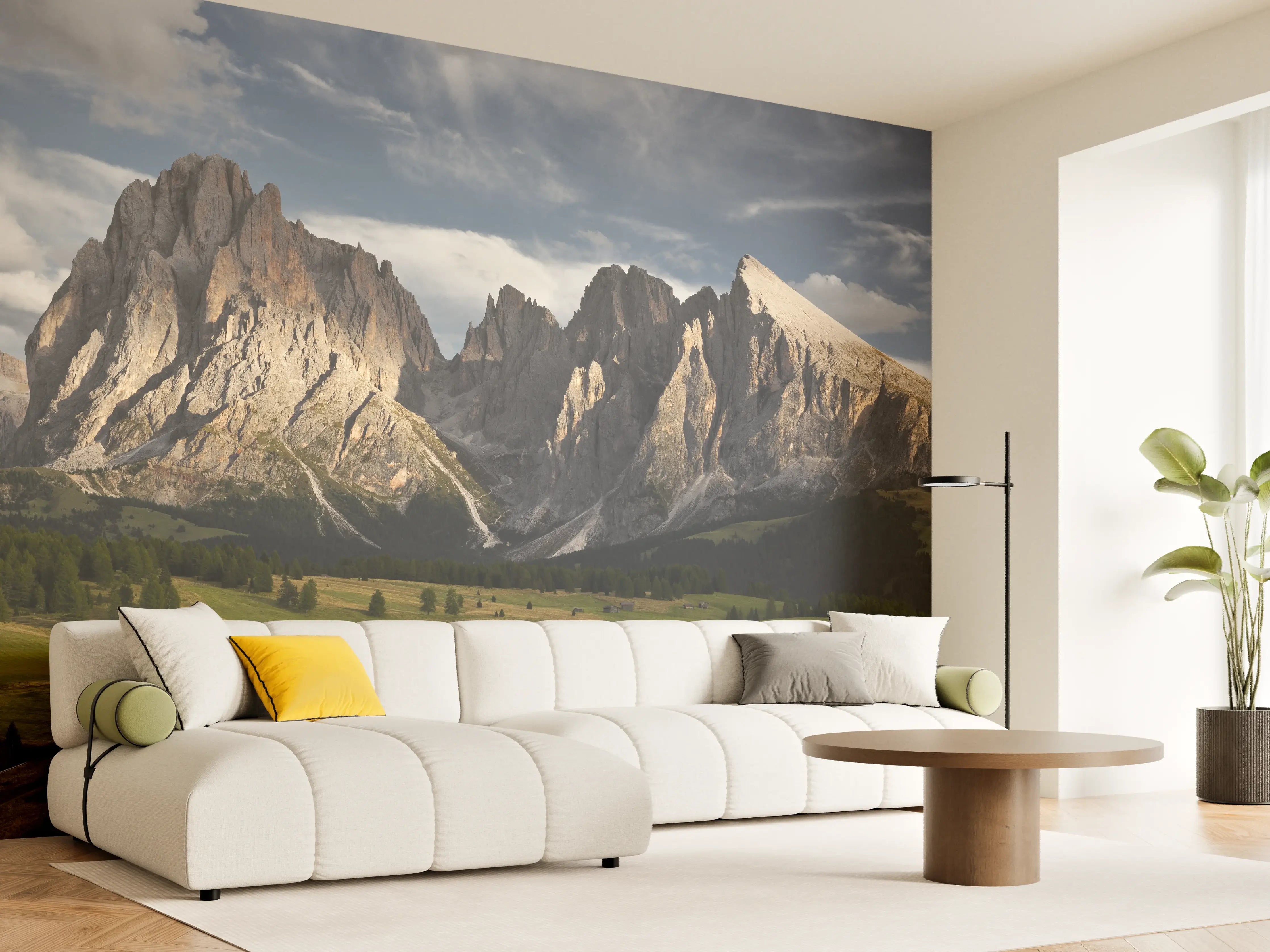 Wandverkleidung Wohnzimmer - Beeindruckende Berglandschaft im Sonnenlicht