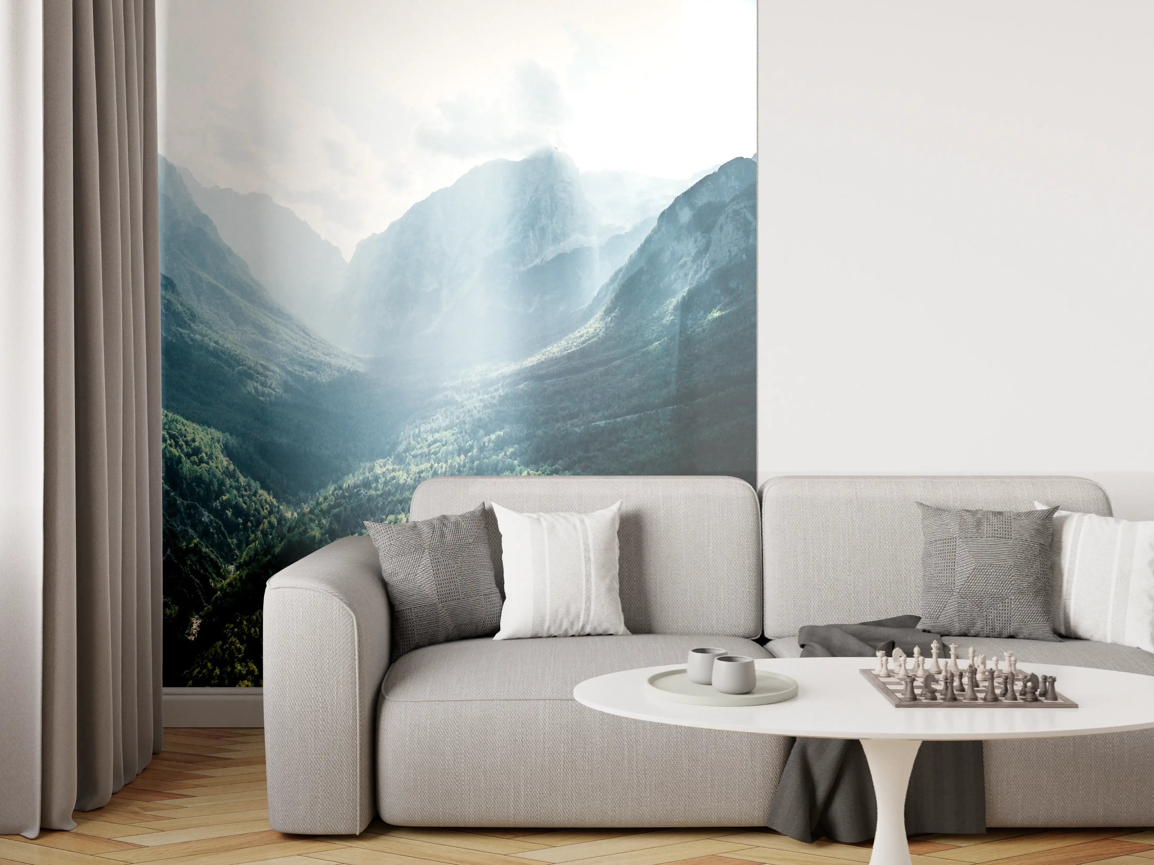 Wandverkleidung Wohnzimmer - Beeindruckende Berglandschaft mit Sonnenstrahlen