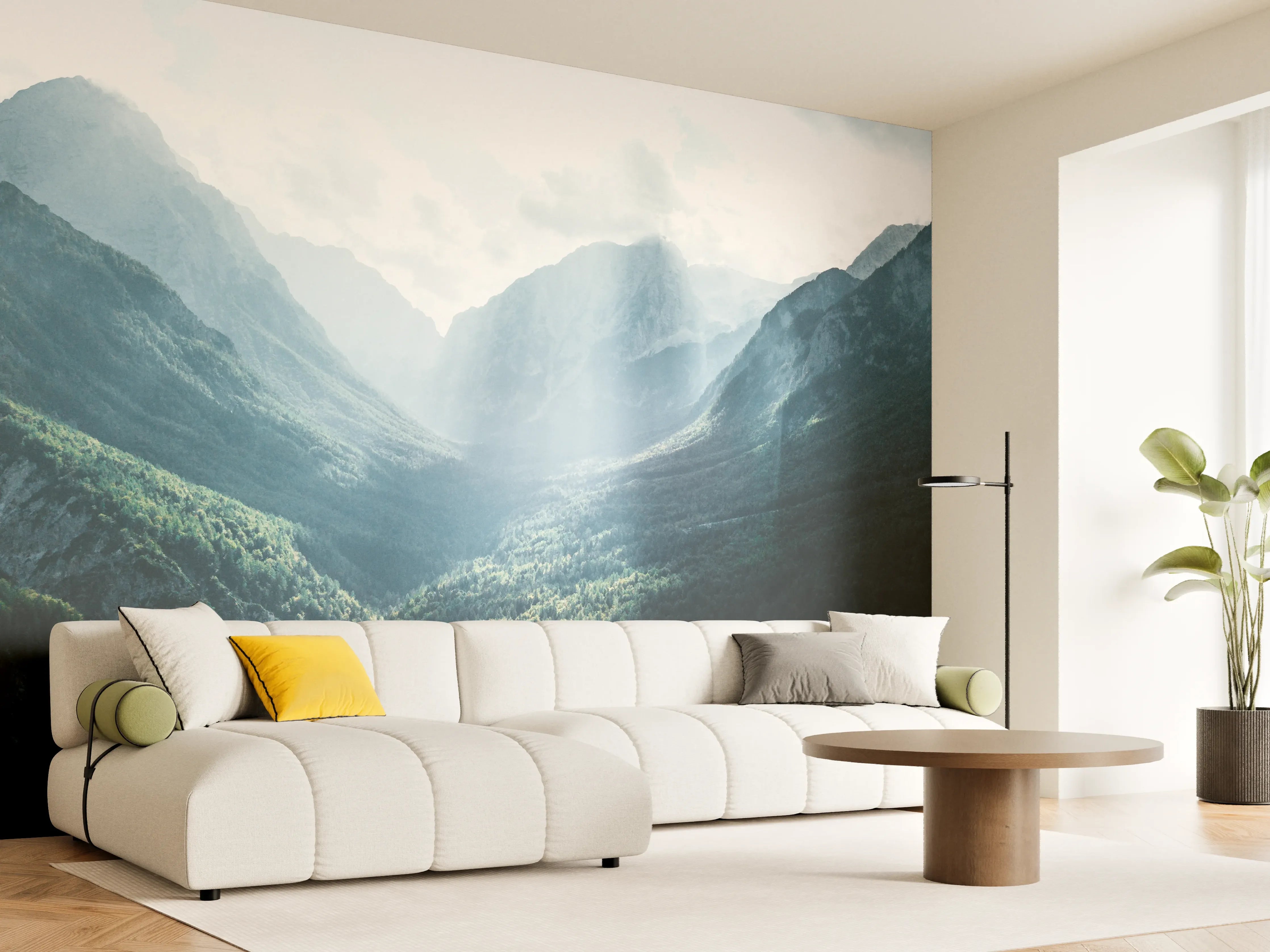 Wandverkleidung Wohnzimmer - Beeindruckende Berglandschaft mit Sonnenstrahlen
