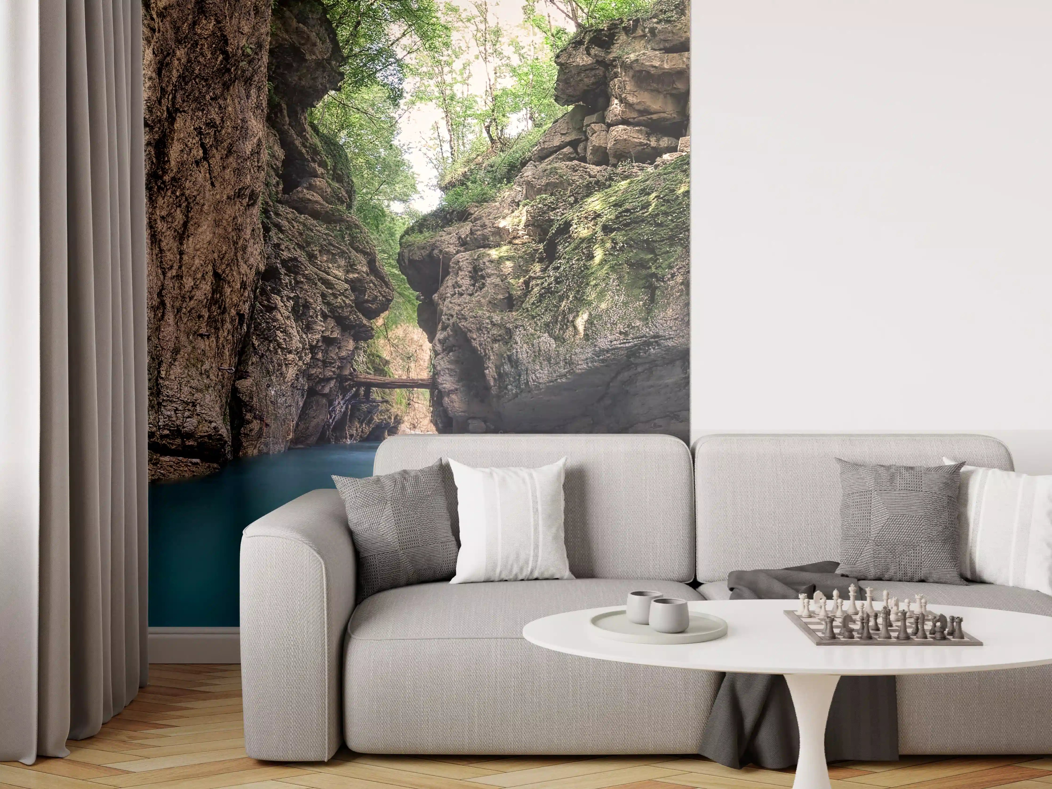 Wandverkleidung Wohnzimmer - Beeindruckende Canyonszene mit türkisblauem Wasser