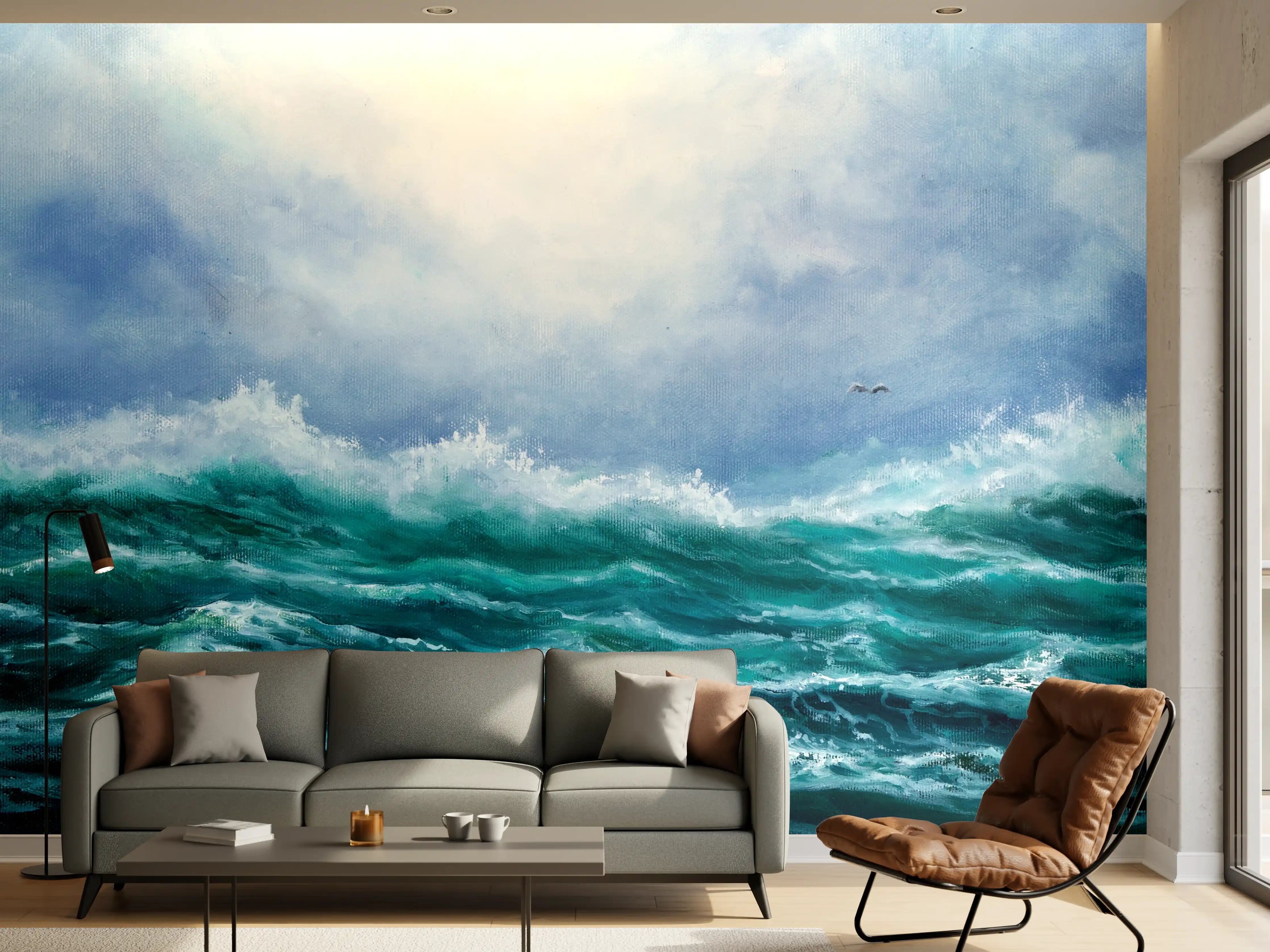 Wandverkleidung Wohnzimmer - Beeindruckende Meereswellen unter blauem Himmel