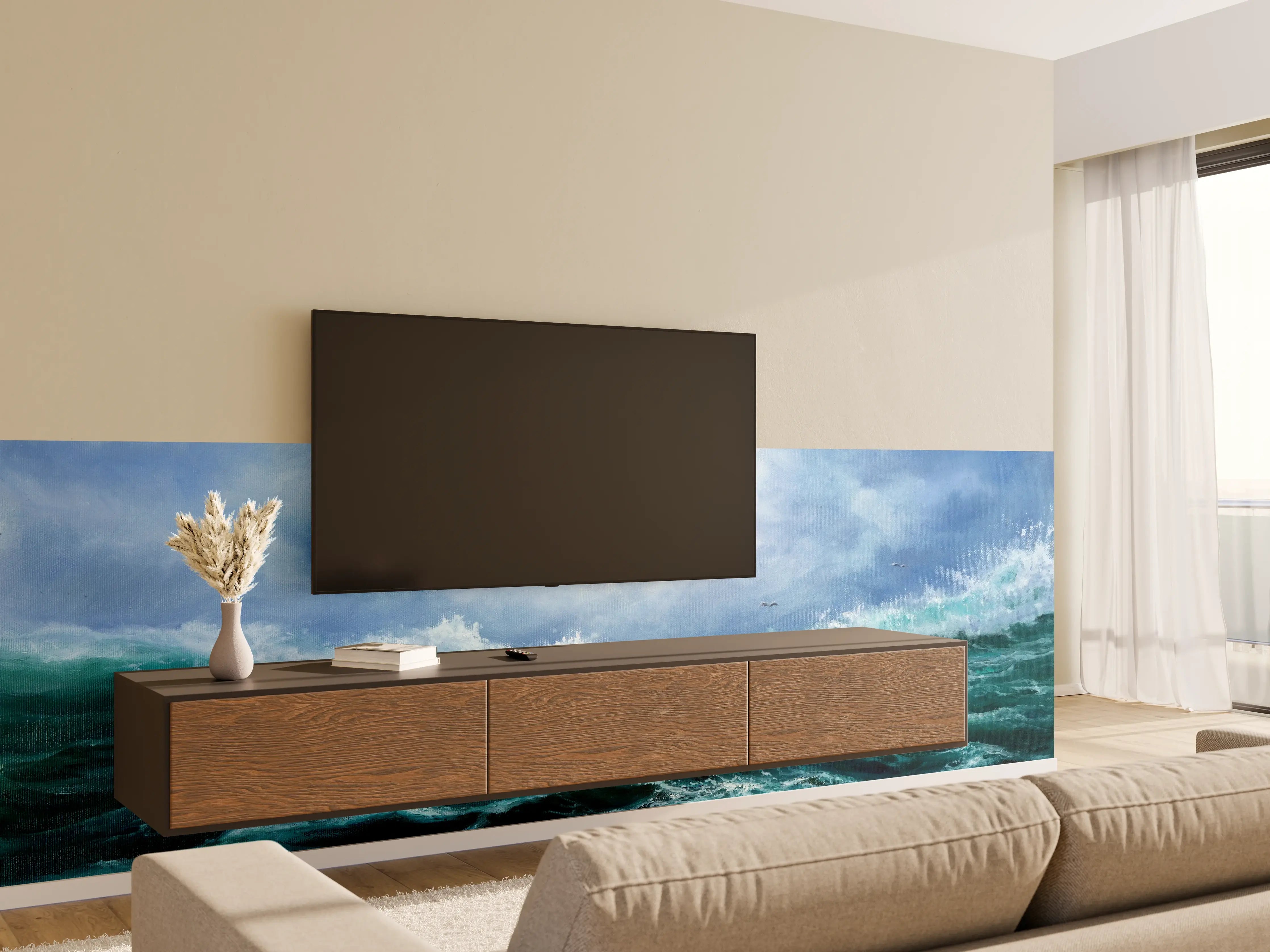Wandverkleidung Wohnzimmer - Beeindruckende Meereswellen unter blauem Himmel