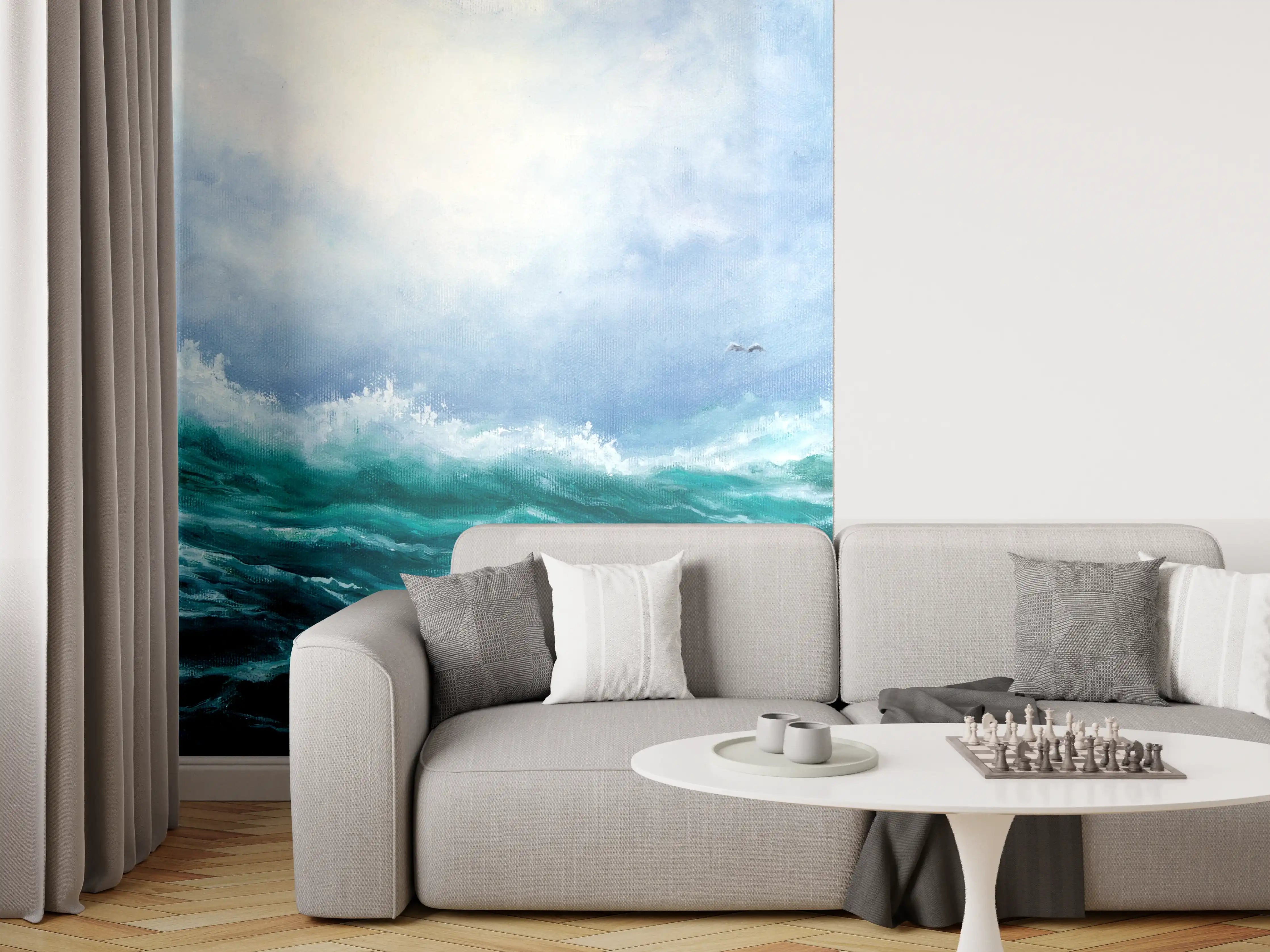 Wandverkleidung Wohnzimmer - Beeindruckende Meereswellen unter blauem Himmel