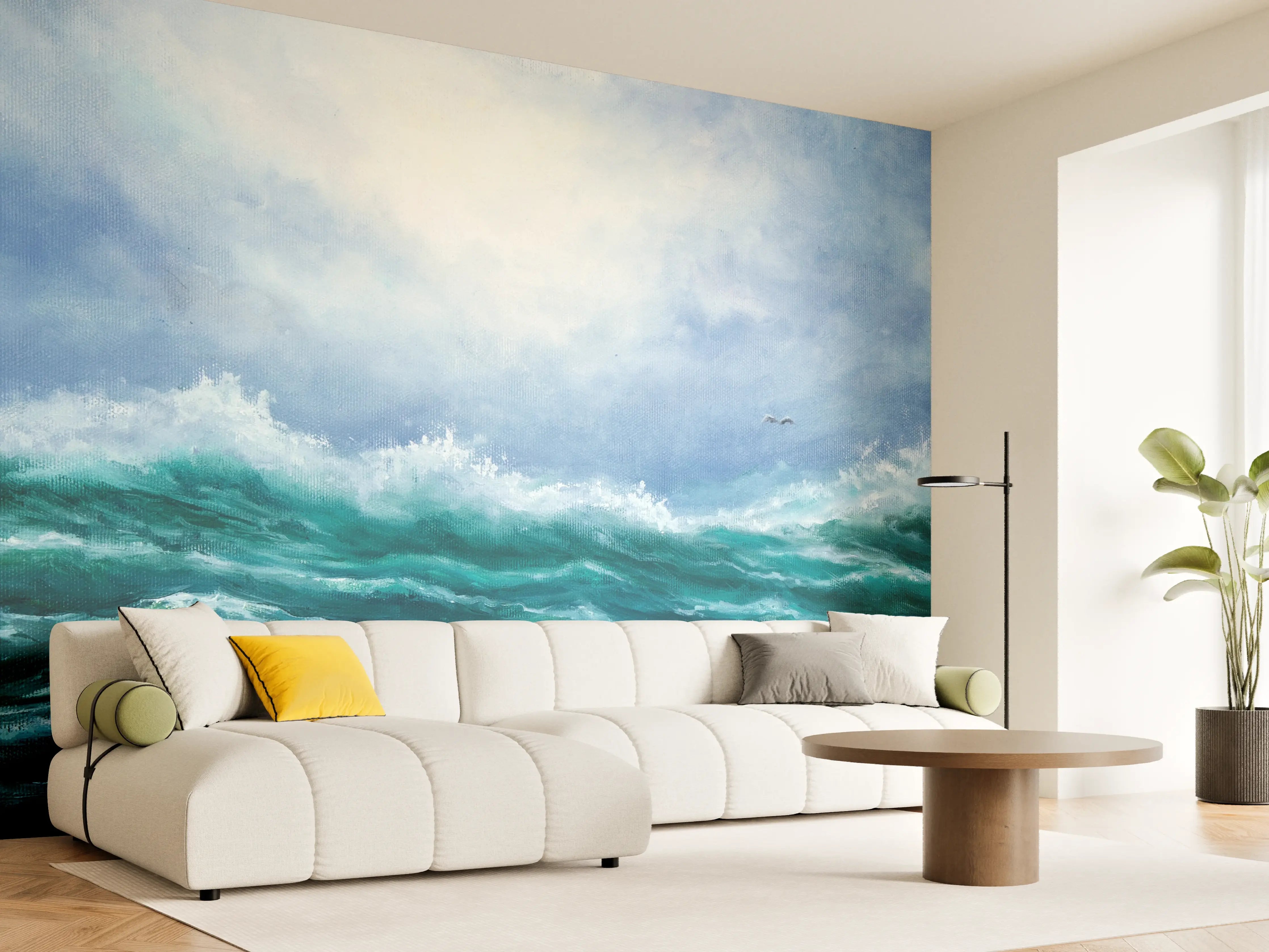 Wandverkleidung Wohnzimmer - Beeindruckende Meereswellen unter blauem Himmel