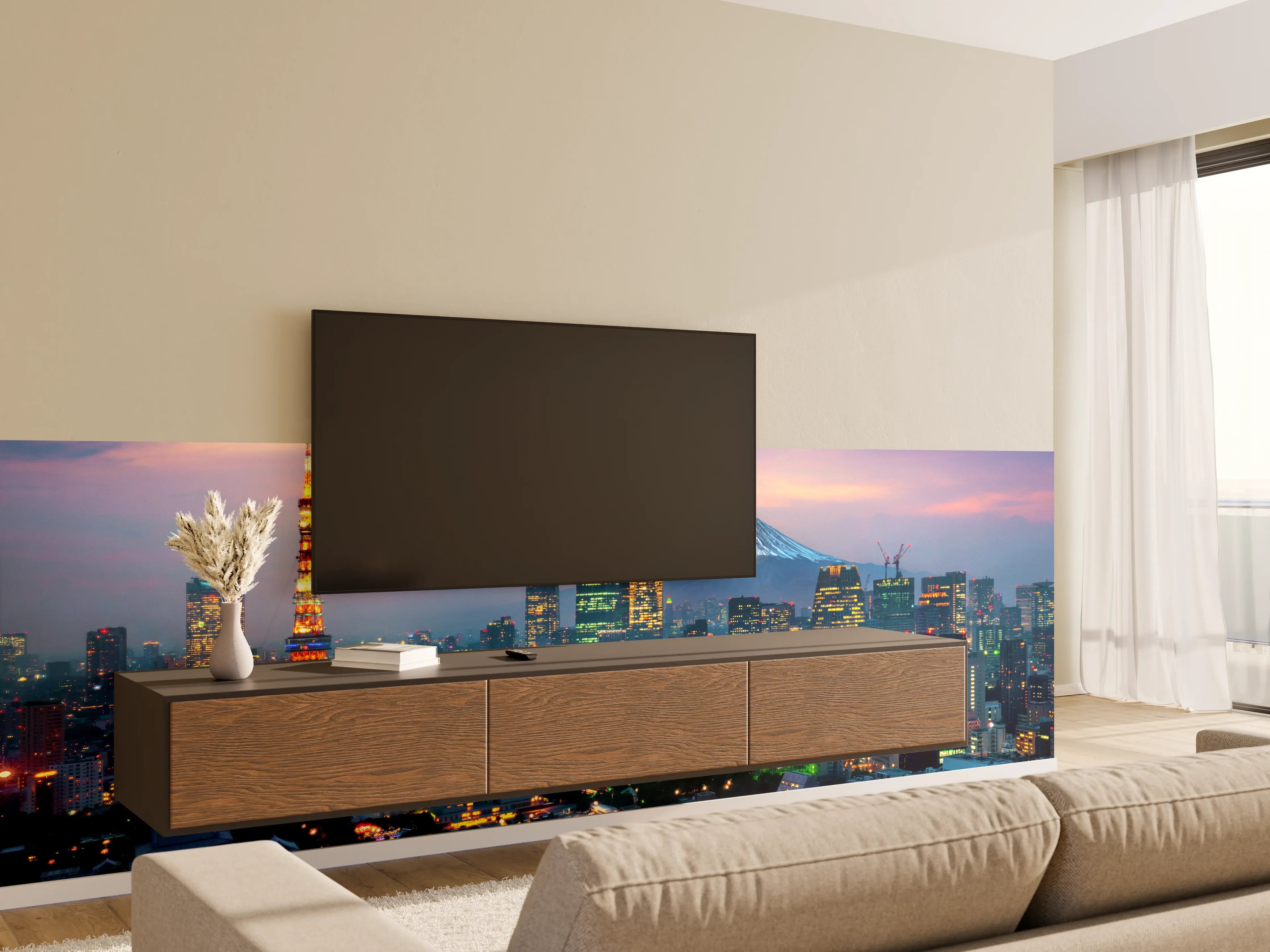 Wandverkleidung Wohnzimmer - Beeindruckende Tokyo Skyline mit Mount Fuji