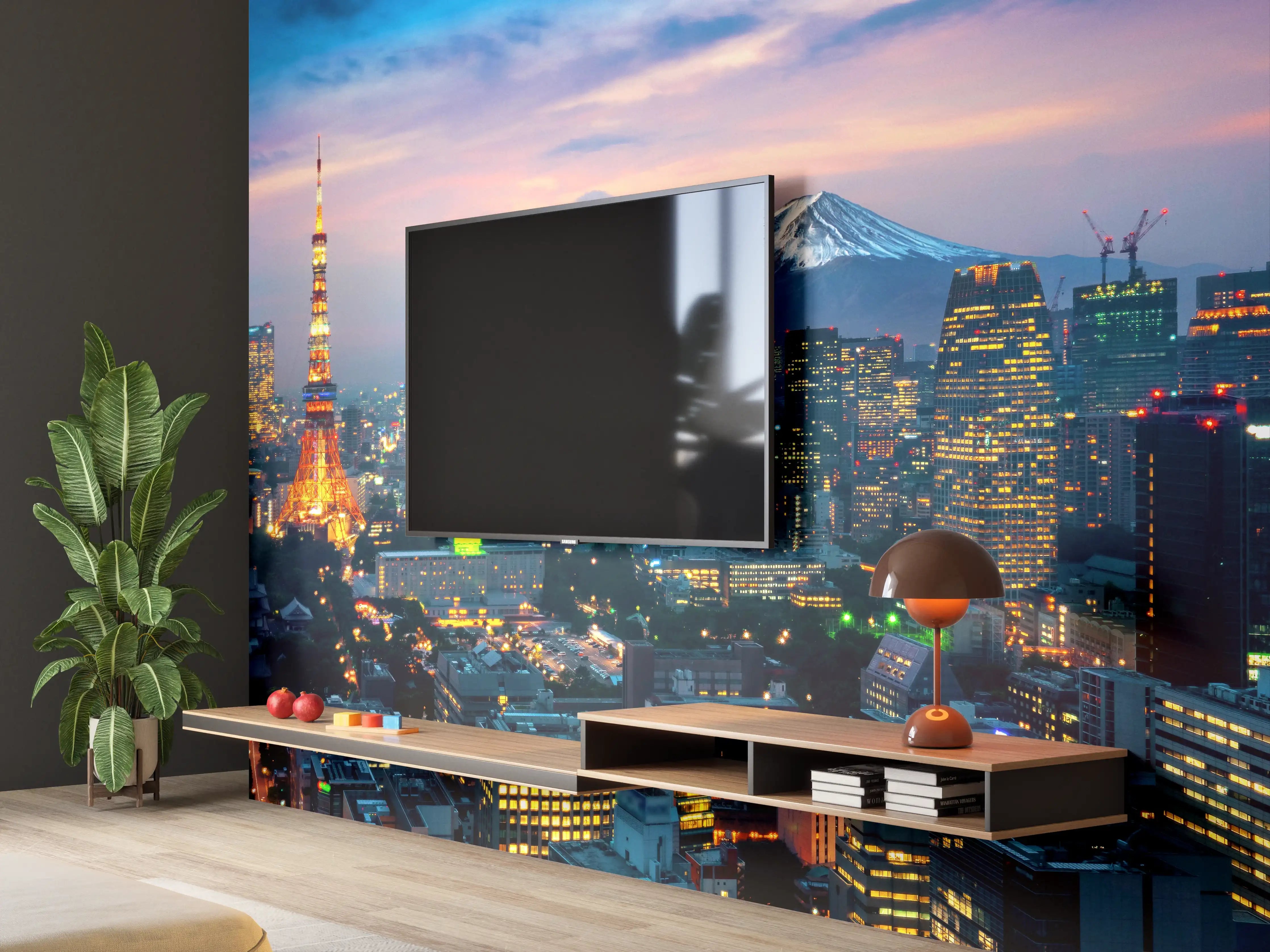 Wandverkleidung Wohnzimmer - Beeindruckende Tokyo Skyline mit Mount Fuji