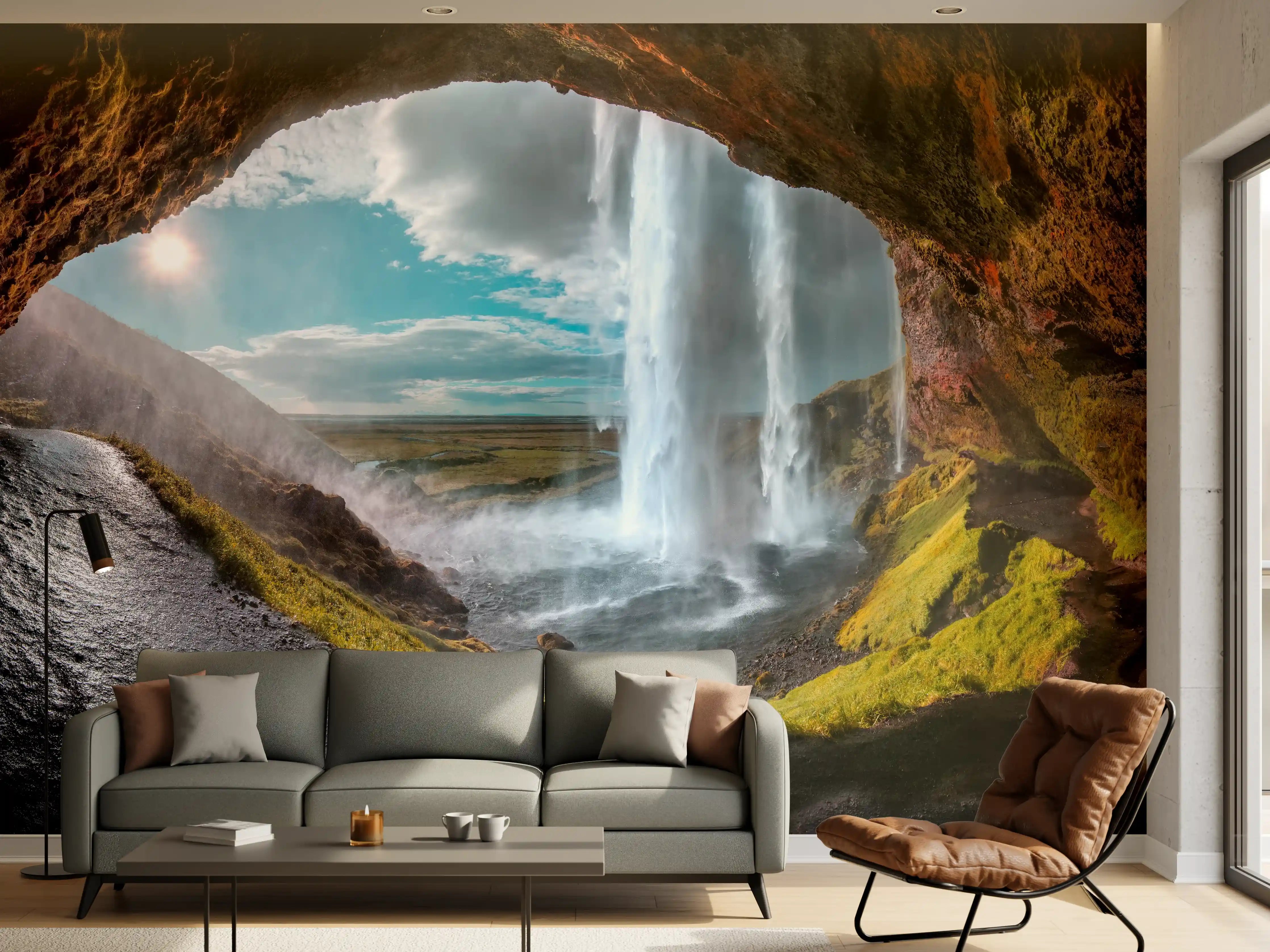 Wandverkleidung Wohnzimmer - Beeindruckende Wasserfall-Landschaft