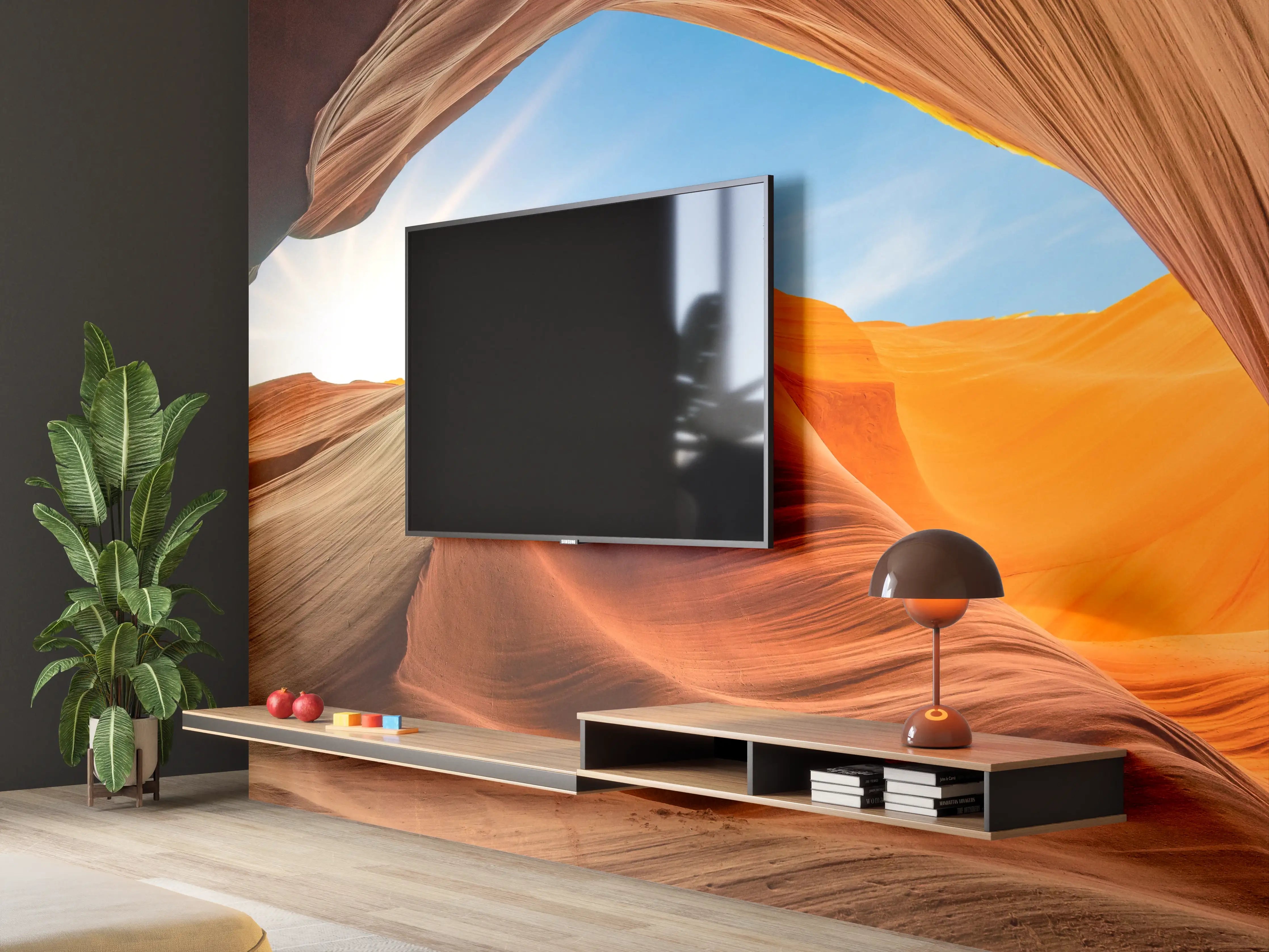 Wandverkleidung Wohnzimmer - Beeindruckende Wüstenlandschaft bei Sonnenaufgang