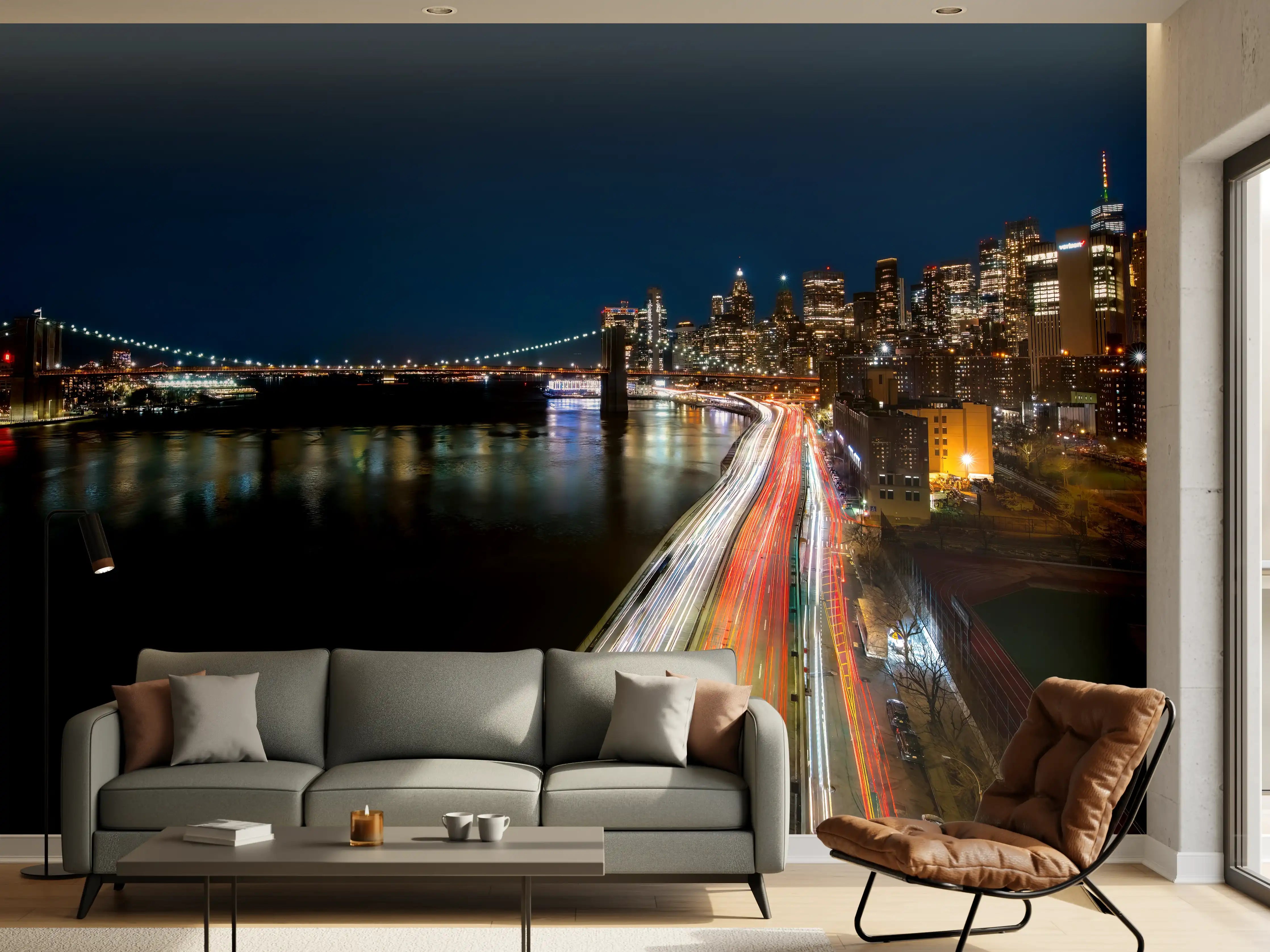 Wandverkleidung Wohnzimmer - Beeindruckende nächtliche Skyline mit Brücke und Fluss