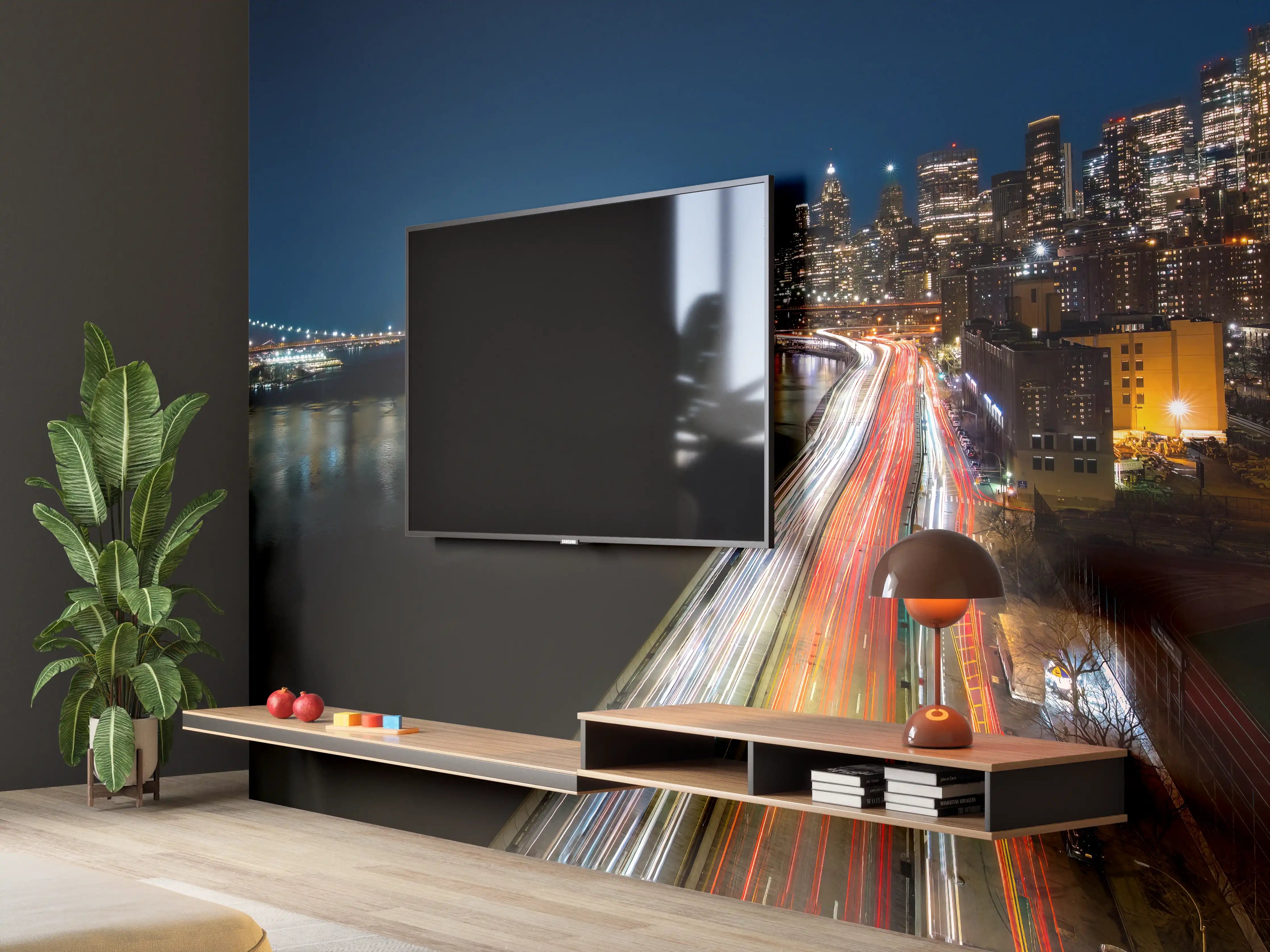 Wandverkleidung Wohnzimmer - Beeindruckende nächtliche Skyline mit Brücke und Fluss