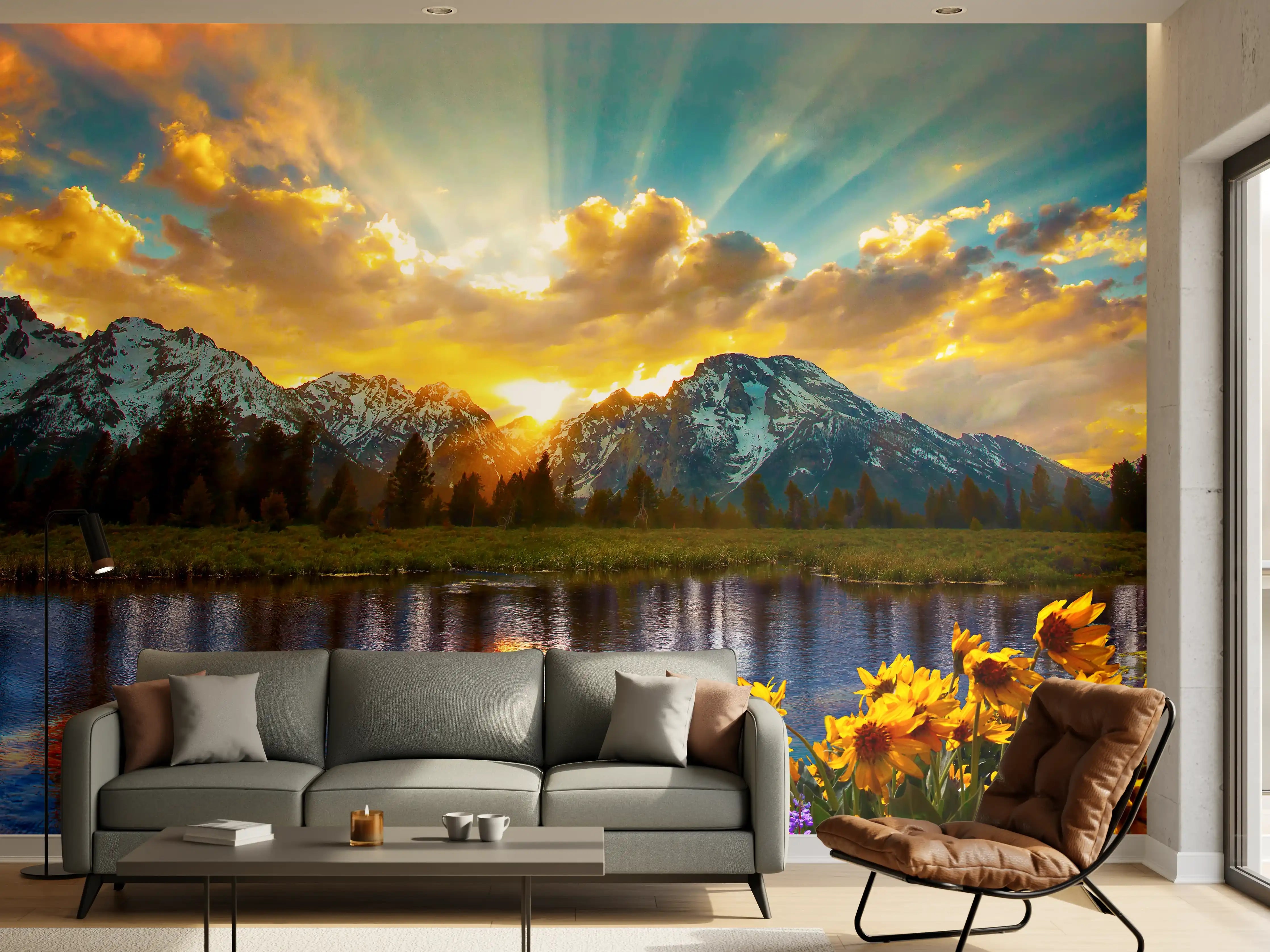 Wandverkleidung Wohnzimmer - Beeindruckender Bergsee bei Sonnenaufgang
