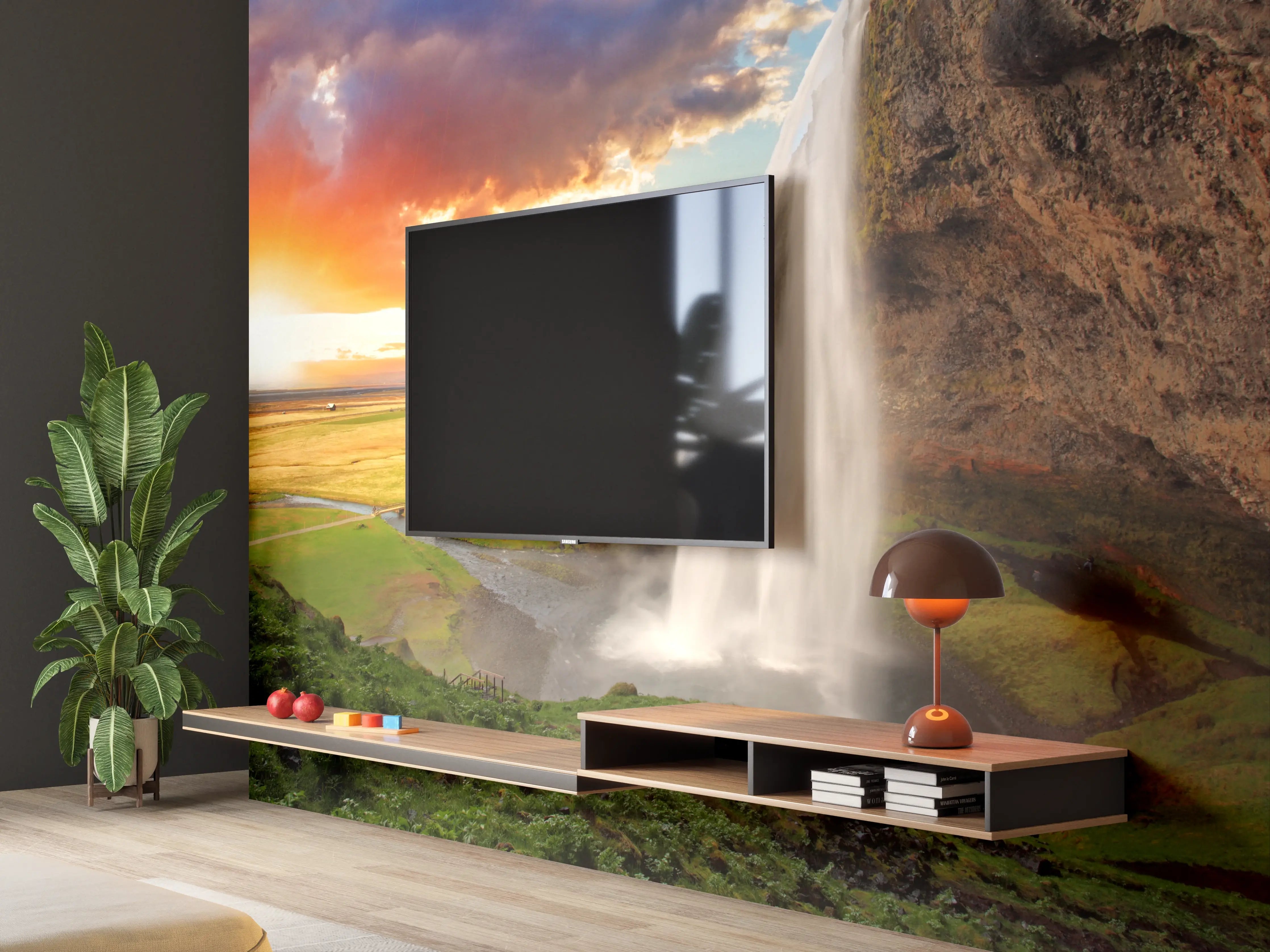 Wandverkleidung Wohnzimmer - Beeindruckender Wasserfall bei Sonnenuntergang