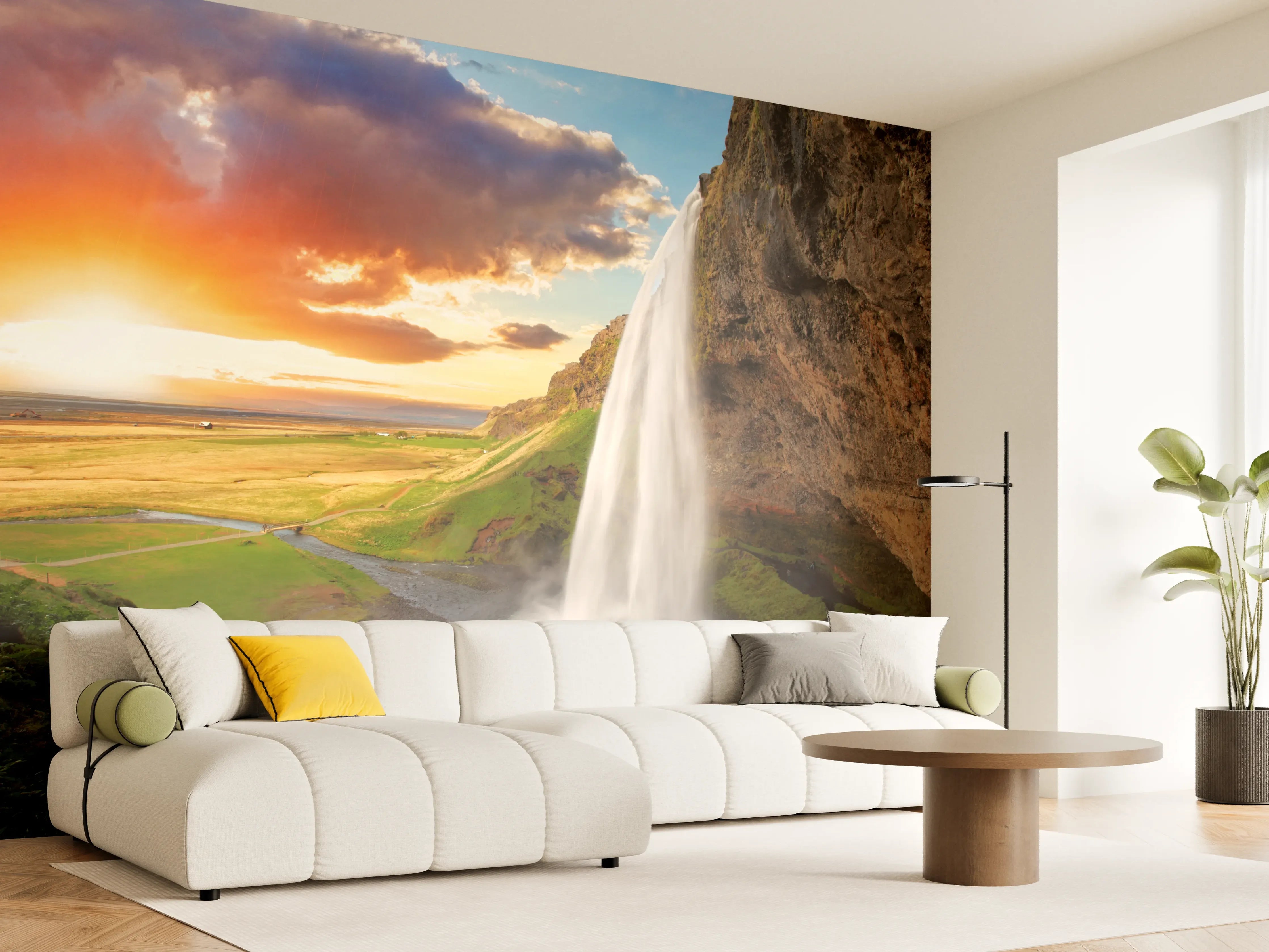 Wandverkleidung Wohnzimmer - Beeindruckender Wasserfall bei Sonnenuntergang
