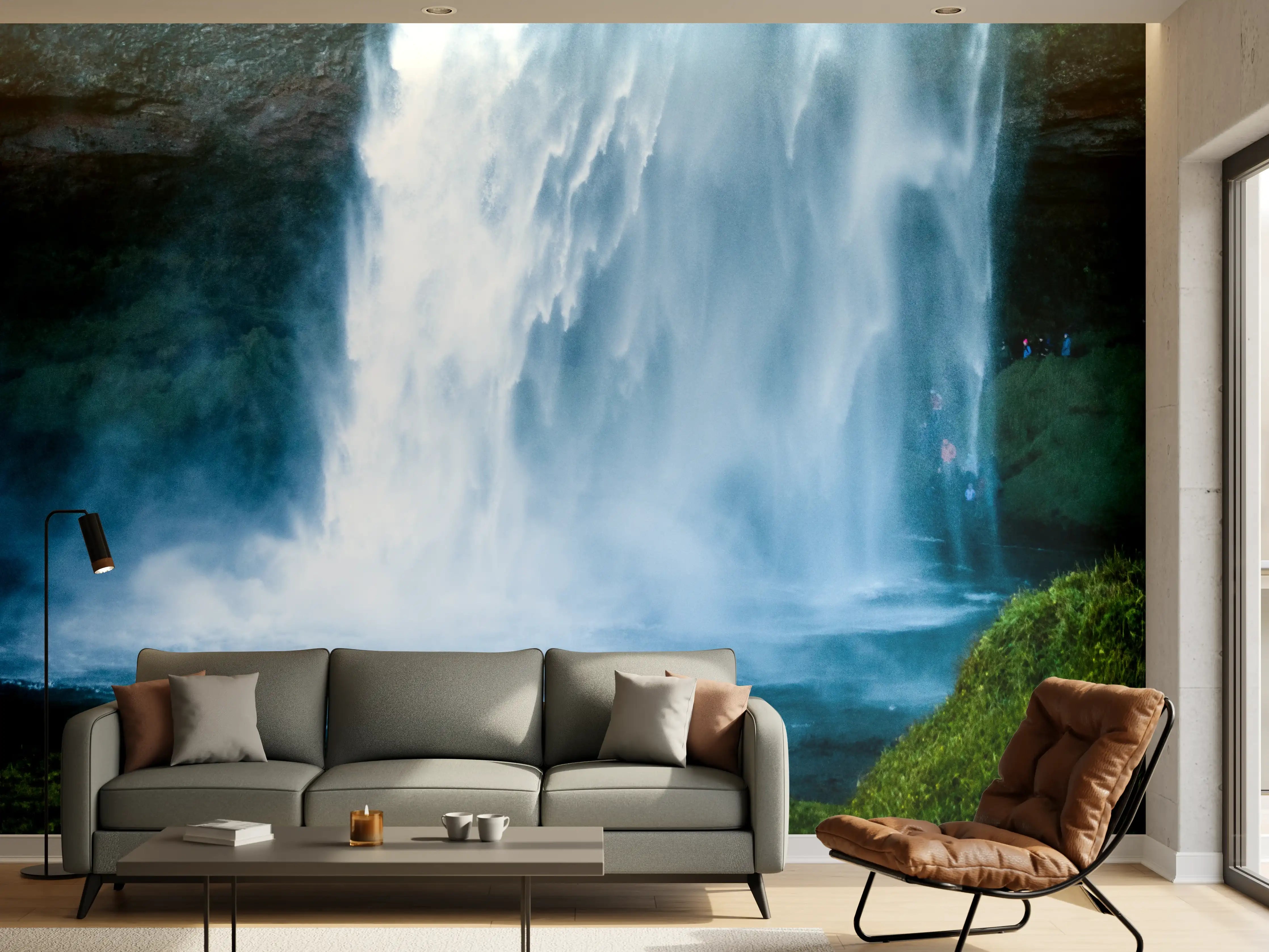 Wandverkleidung Wohnzimmer - Beeindruckender Wasserfall in Naturidylle