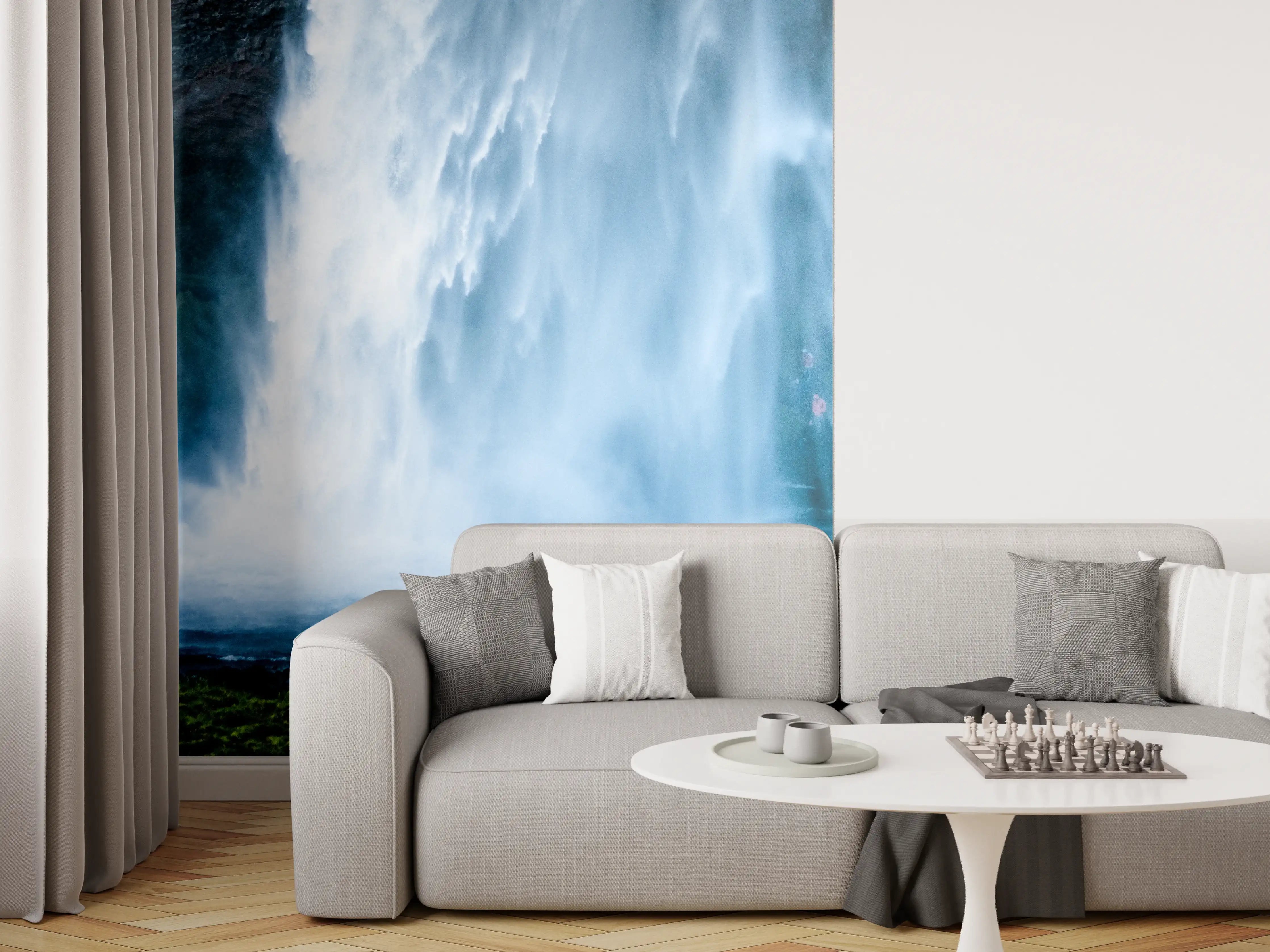 Wandverkleidung Wohnzimmer - Beeindruckender Wasserfall in Naturidylle
