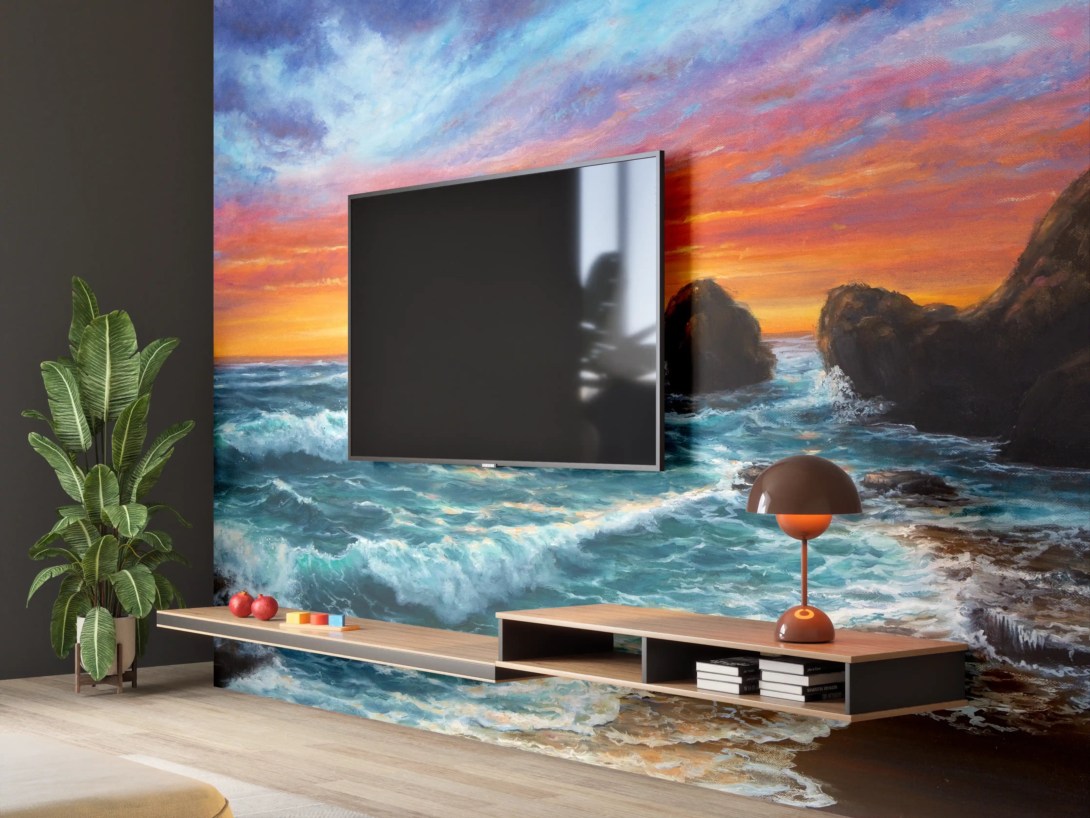 Wandverkleidung Wohnzimmer - Beeindruckendes Meerespanorama bei Sonnenuntergang