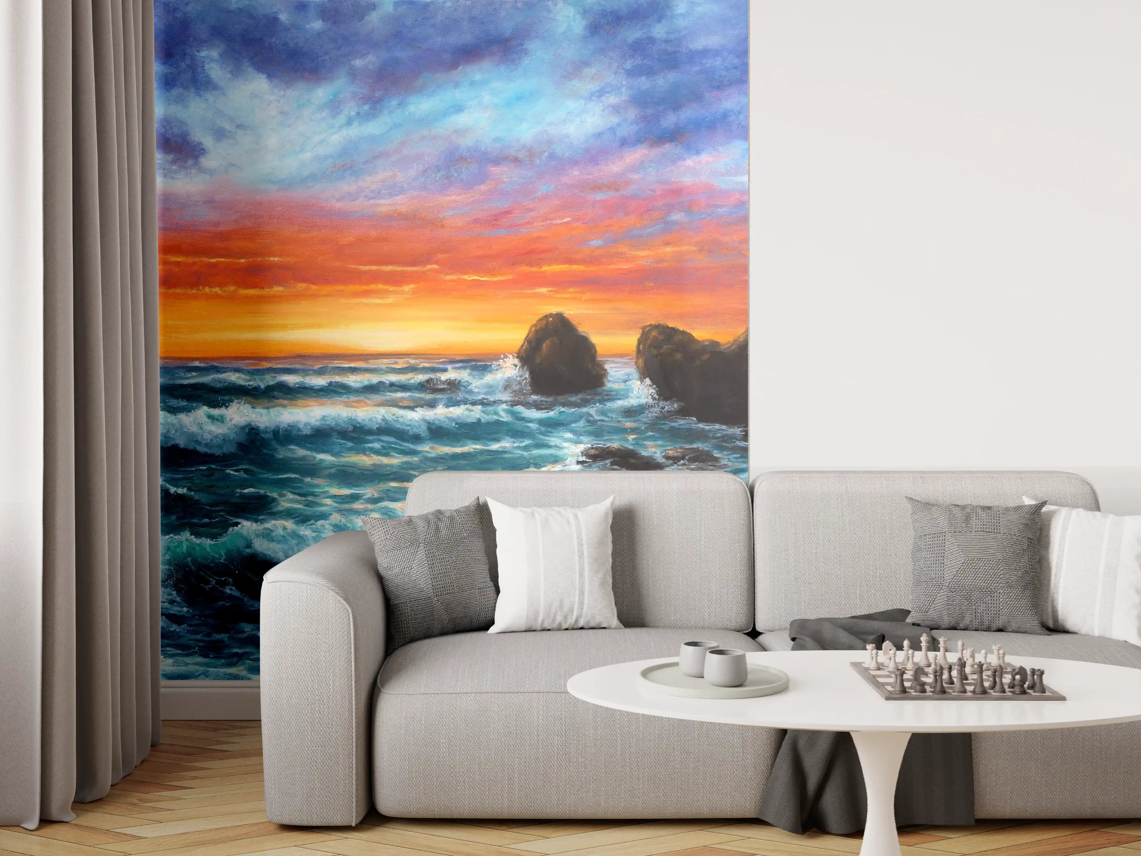 Wandverkleidung Wohnzimmer - Beeindruckendes Meerespanorama bei Sonnenuntergang